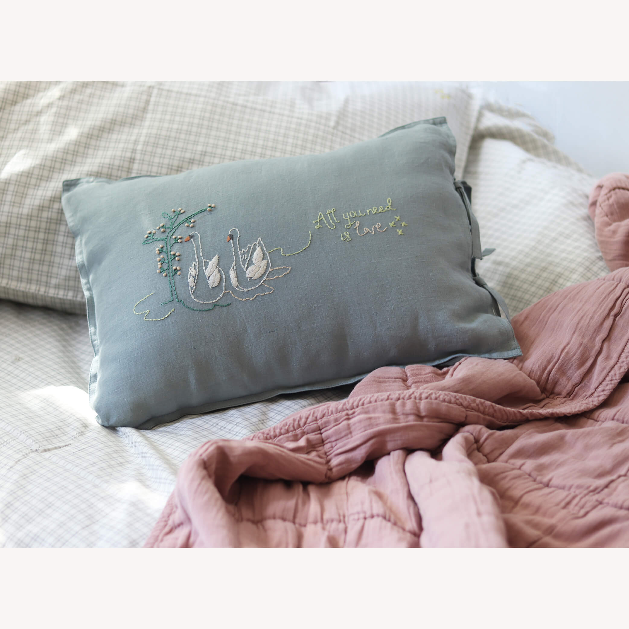 Swan Embroidered Linen Cushion