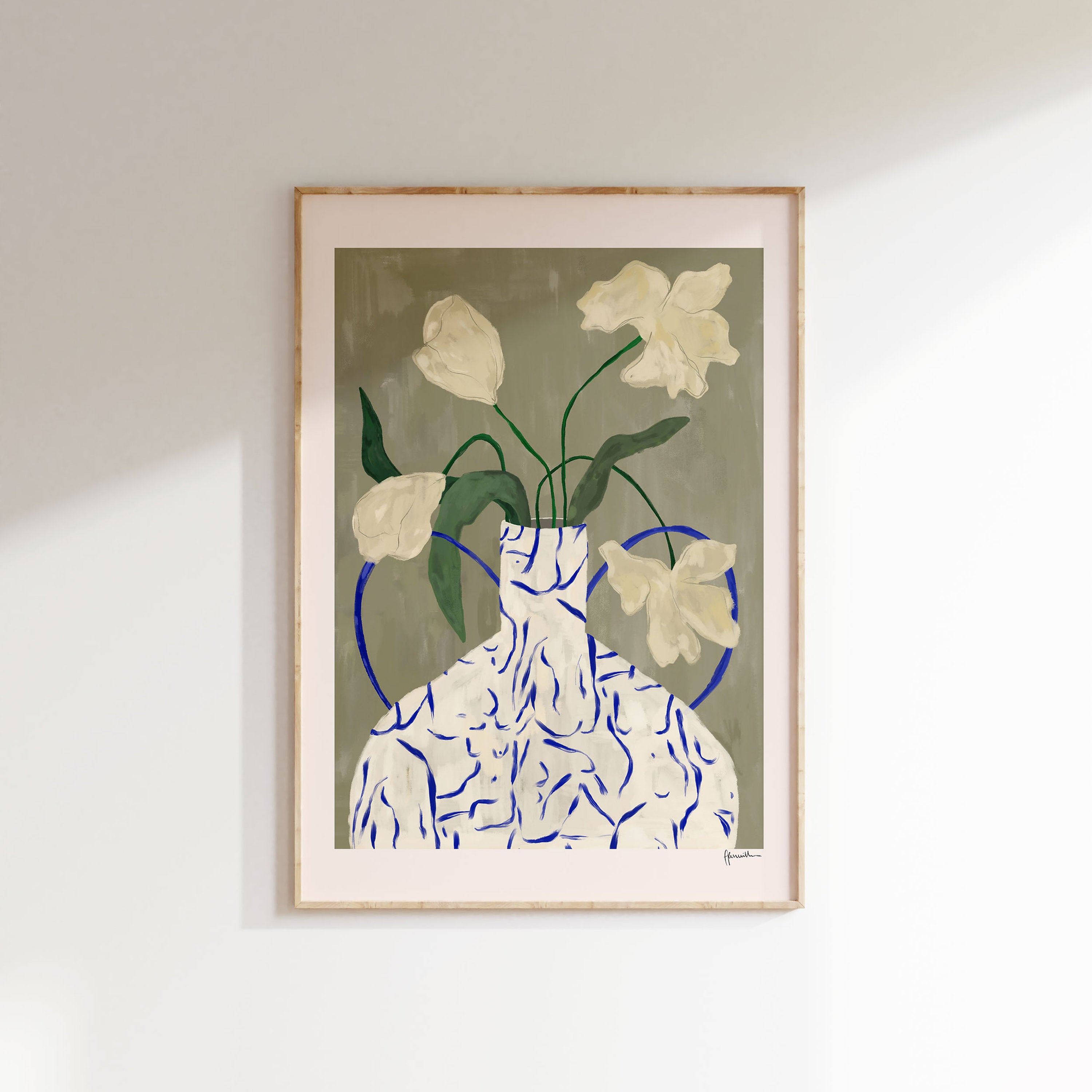 Off White Flowers In Lady Vase Print