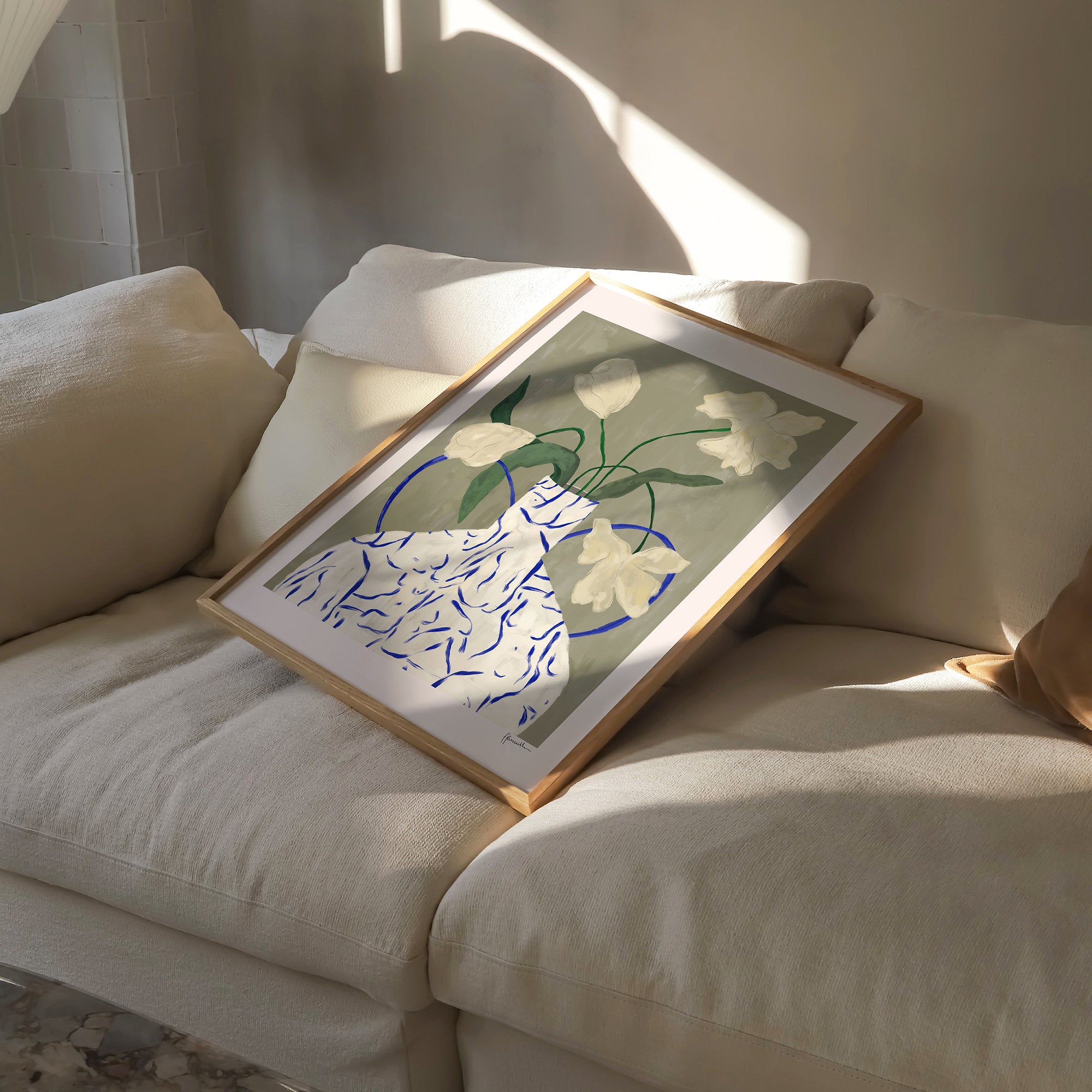 Off White Flowers In Lady Vase Print