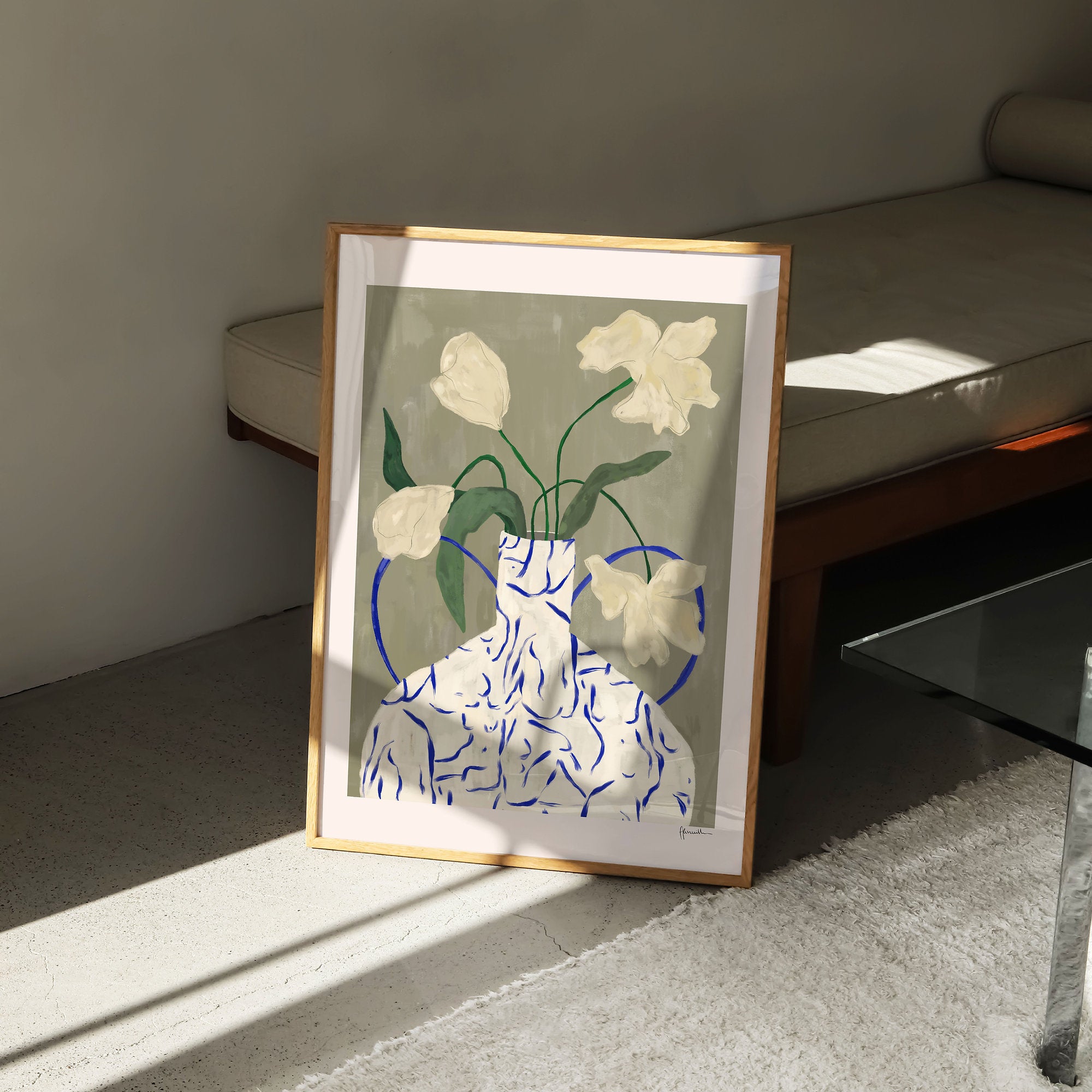 Off White Flowers In Lady Vase Print