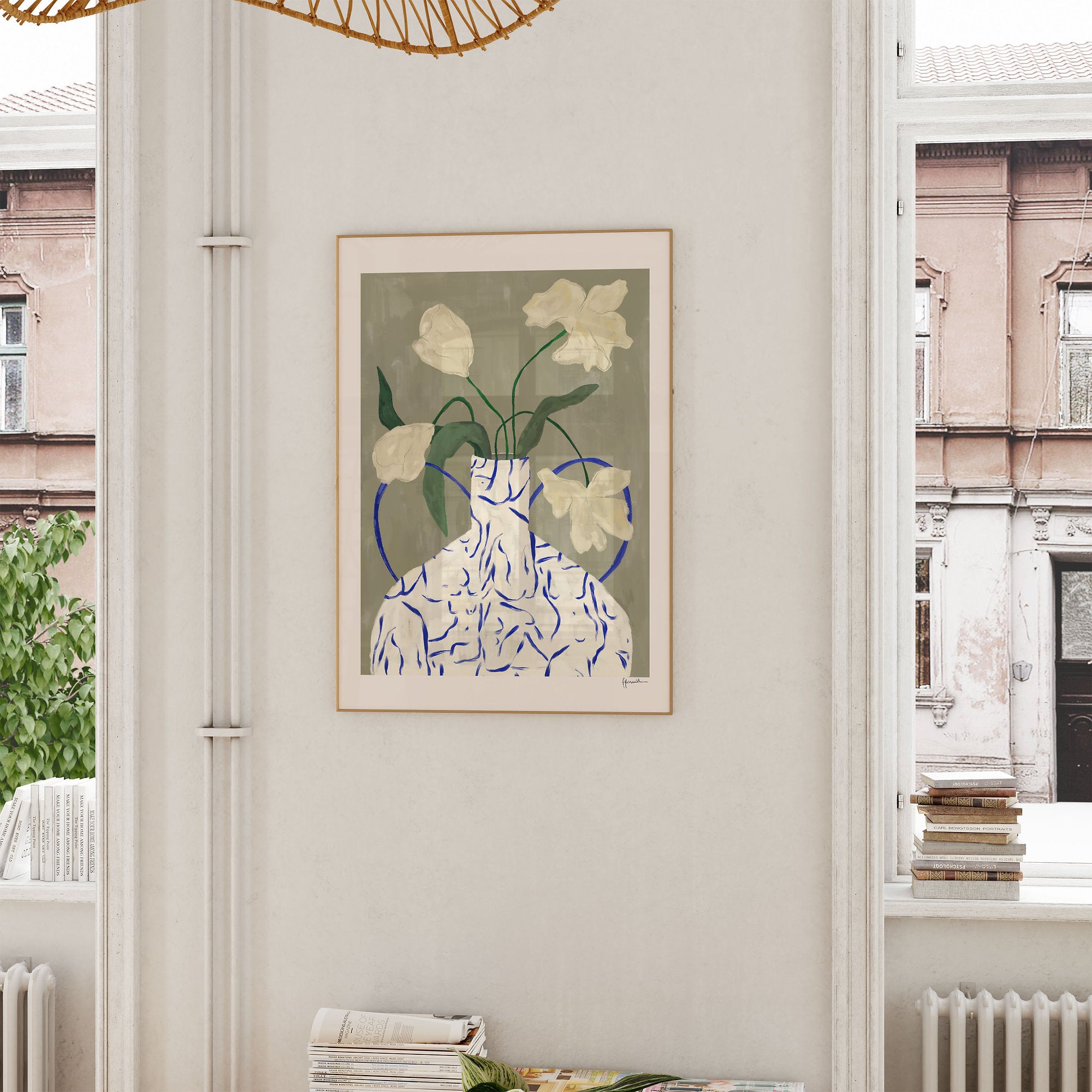 Off White Flowers In Lady Vase Print