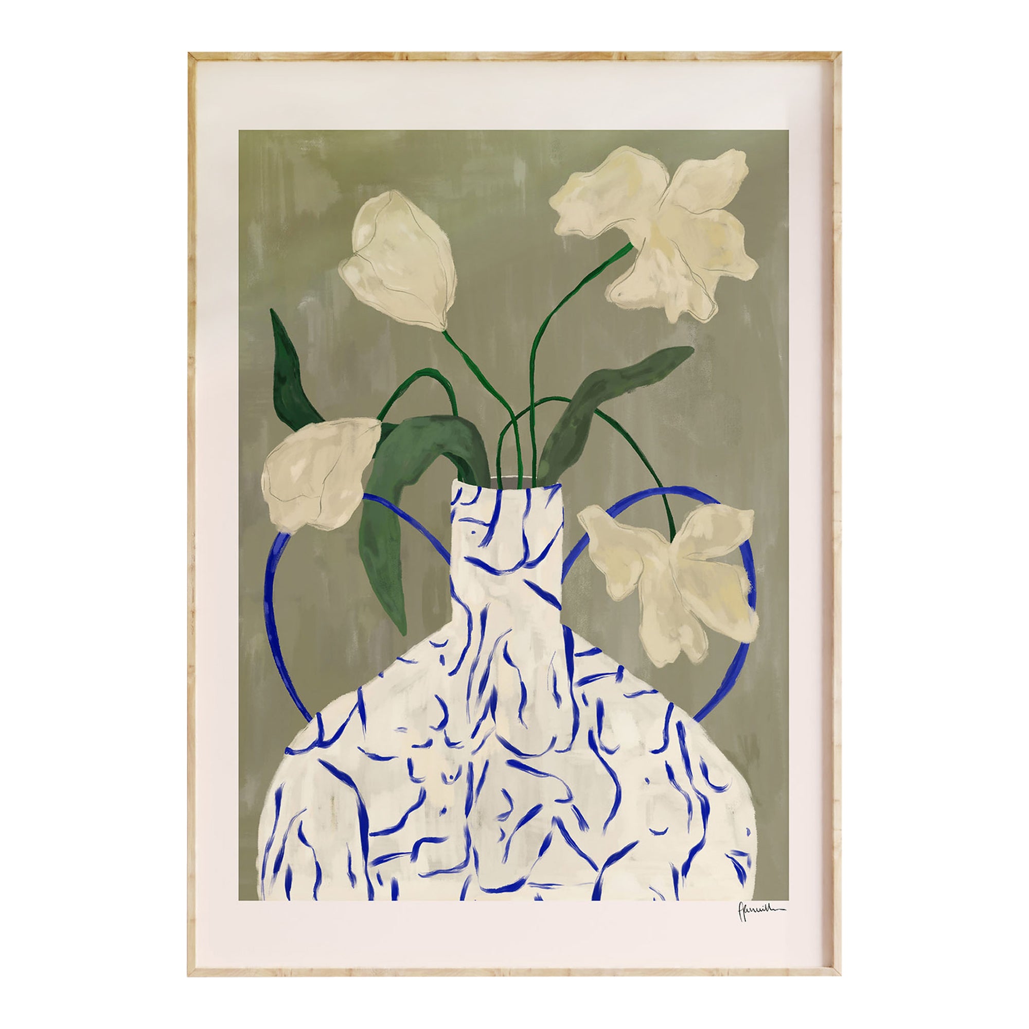 Off White Flowers In Lady Vase Print