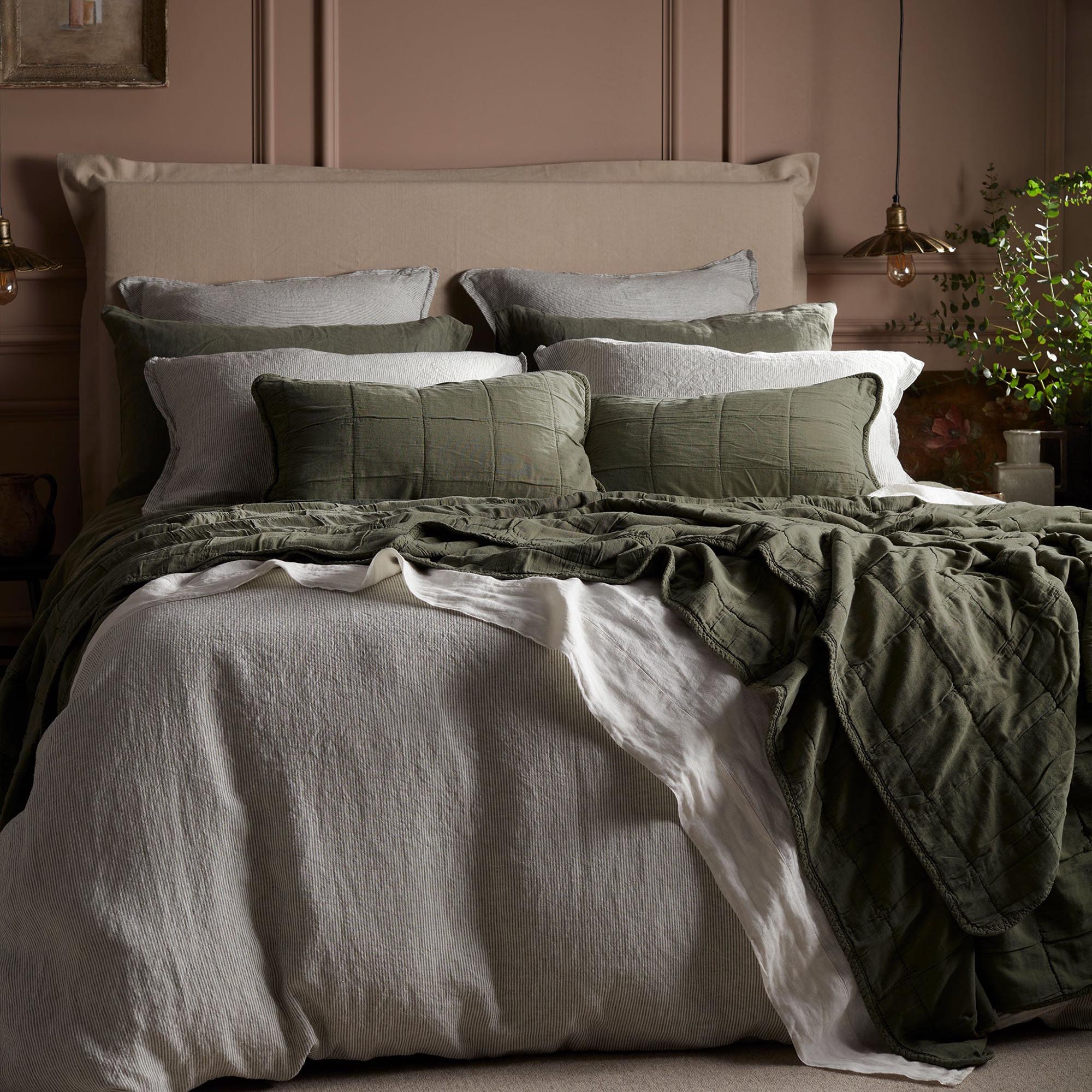 Olive Green Sid Stripe 100% Linen Oxford Pillowcase