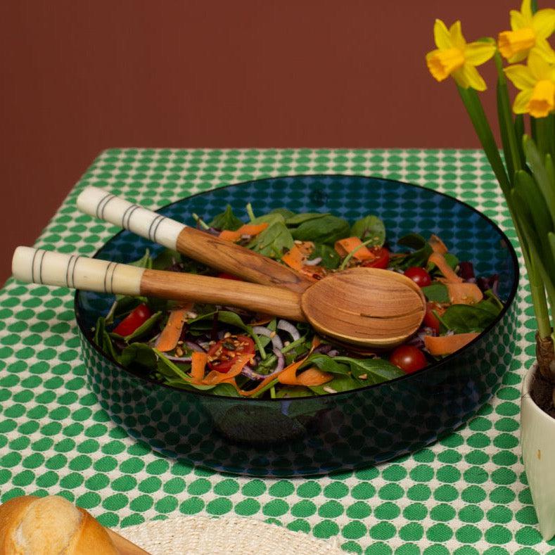 Olive Wood and White Large Batik Round Salad Servers