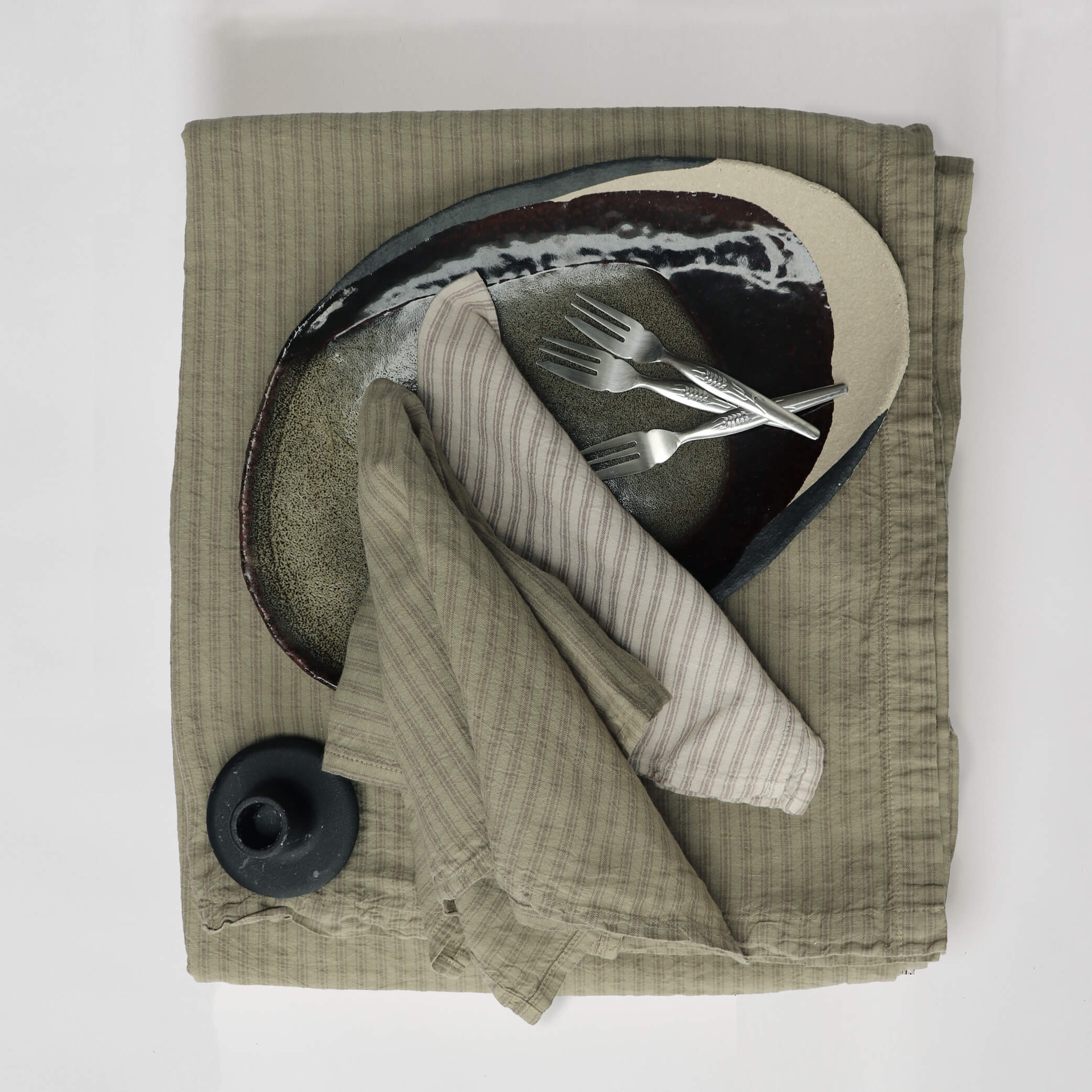 Washed Linen Cotton Ticking Stripe Tablecloth - Olive