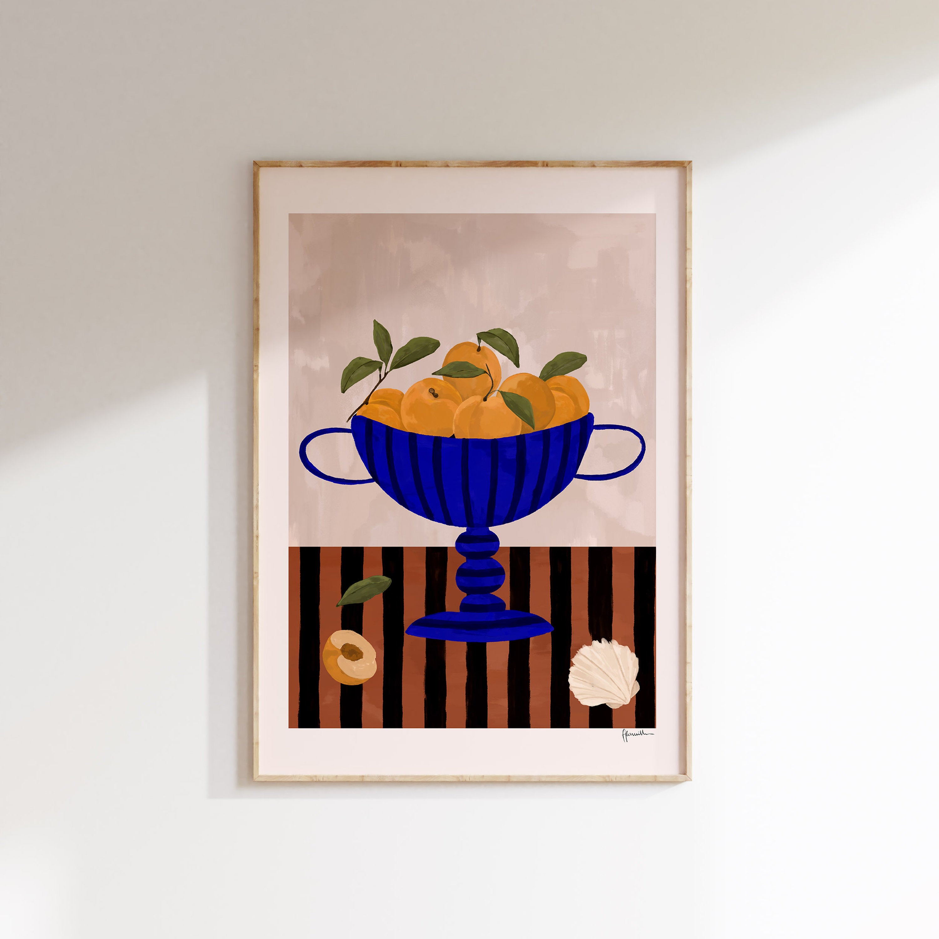 Peaches In Blue Striped Bowl