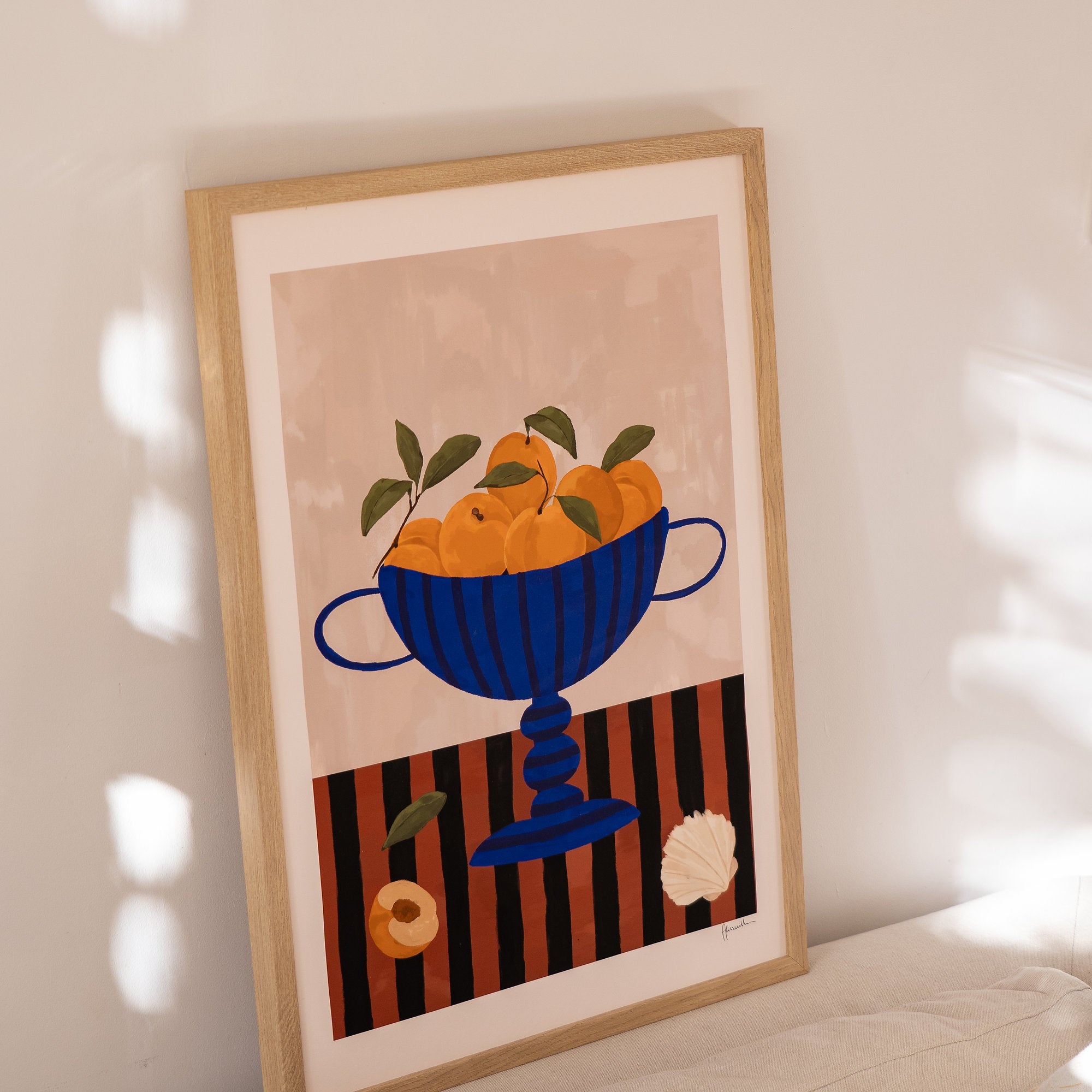 Peaches In Blue Striped Bowl