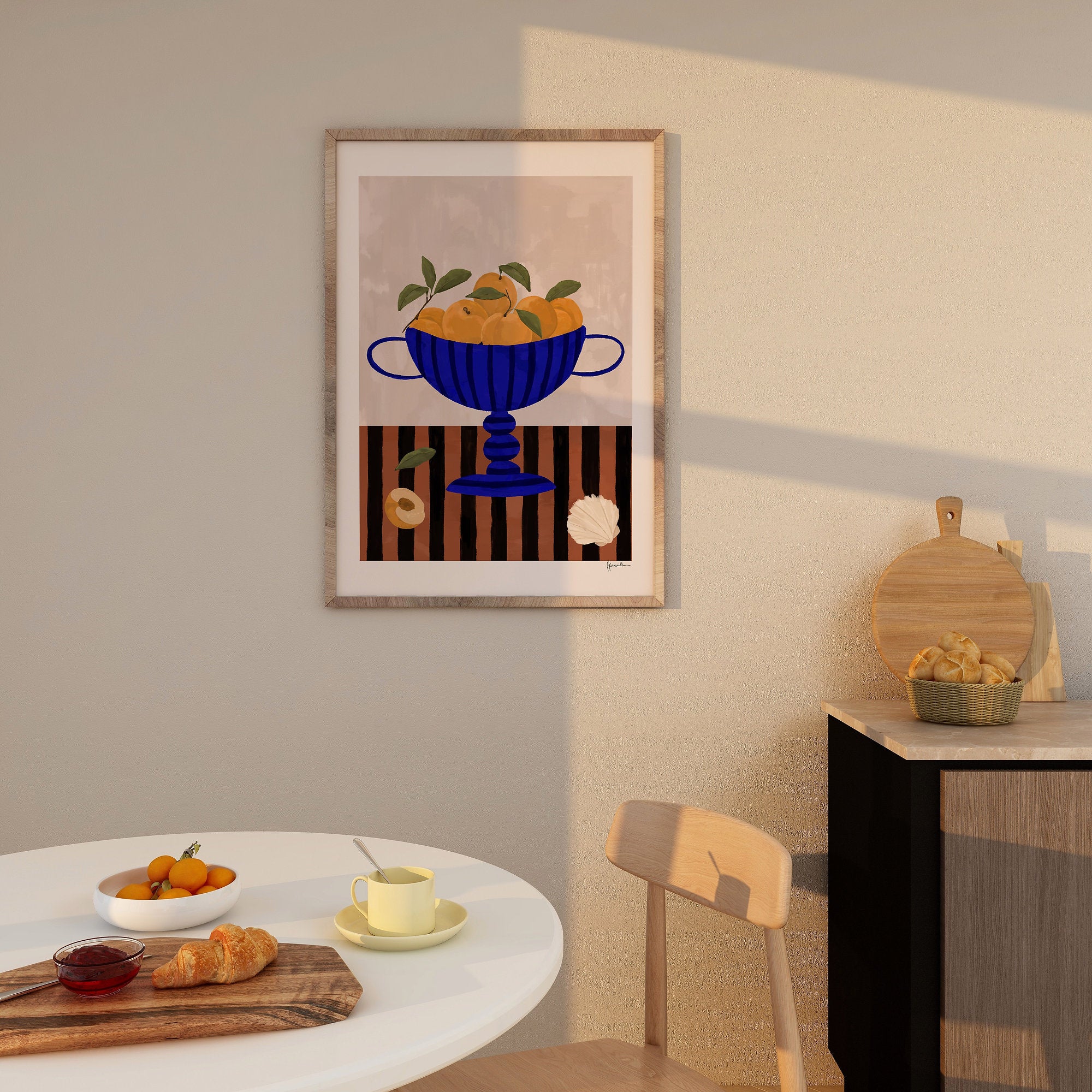 Peaches In Blue Striped Bowl