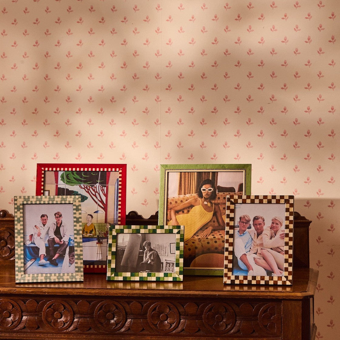 Red and White Striped Marquetry Photo Frame