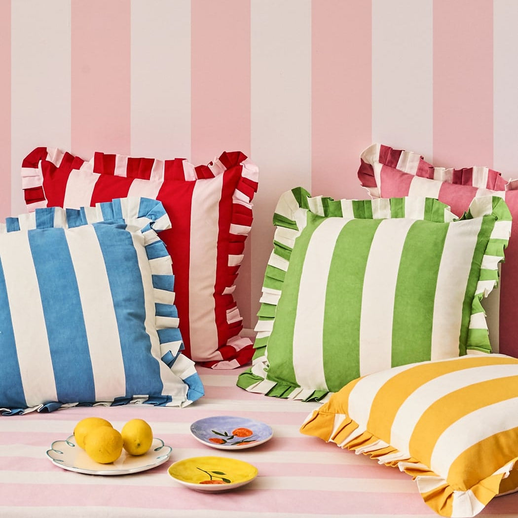 Cabana Stripe Ruffled Cushion Cover | Pink Candy