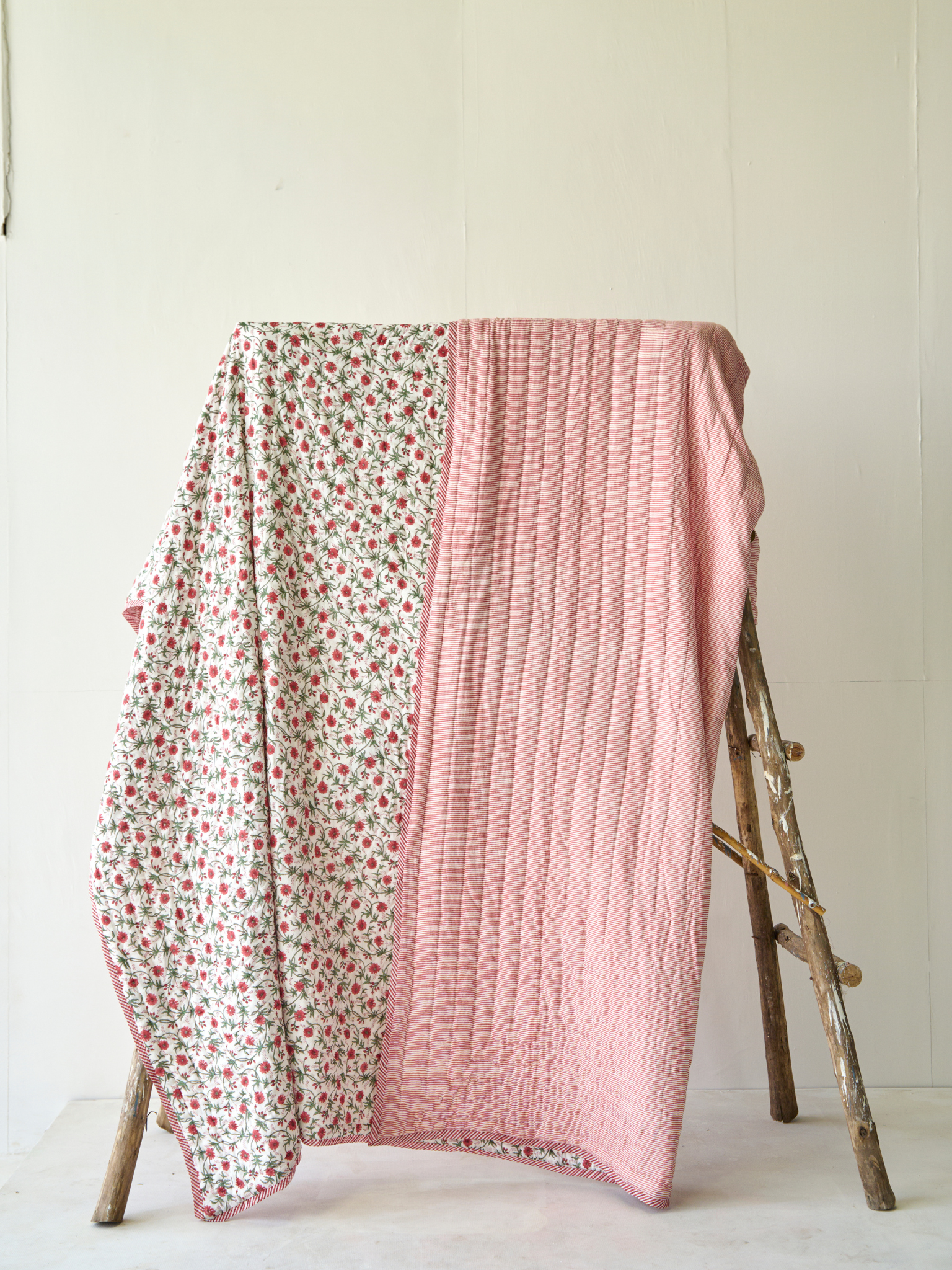 Red Floral and Stripe Bed Quilt