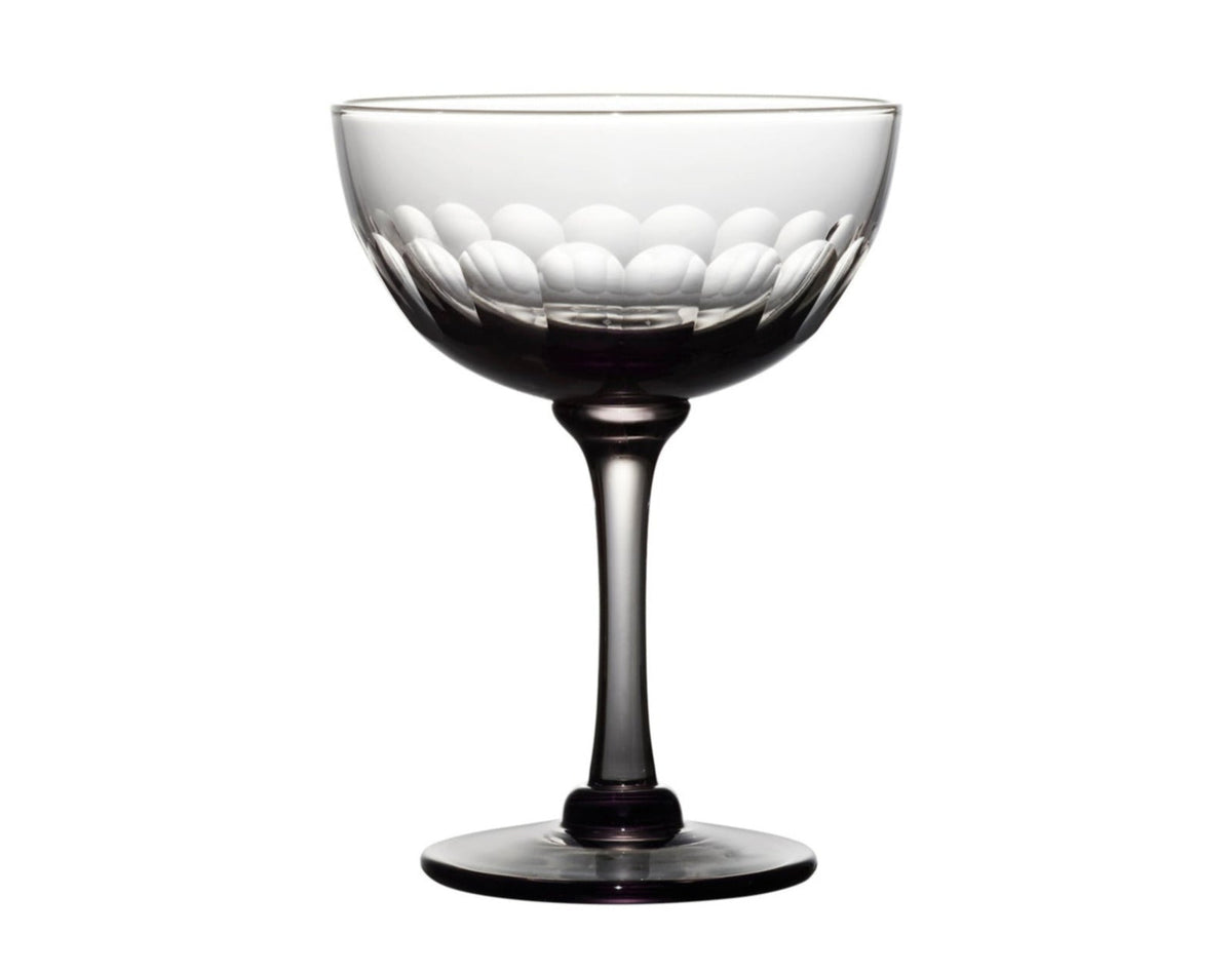 four smoky crystal champagne saucers with lens design
