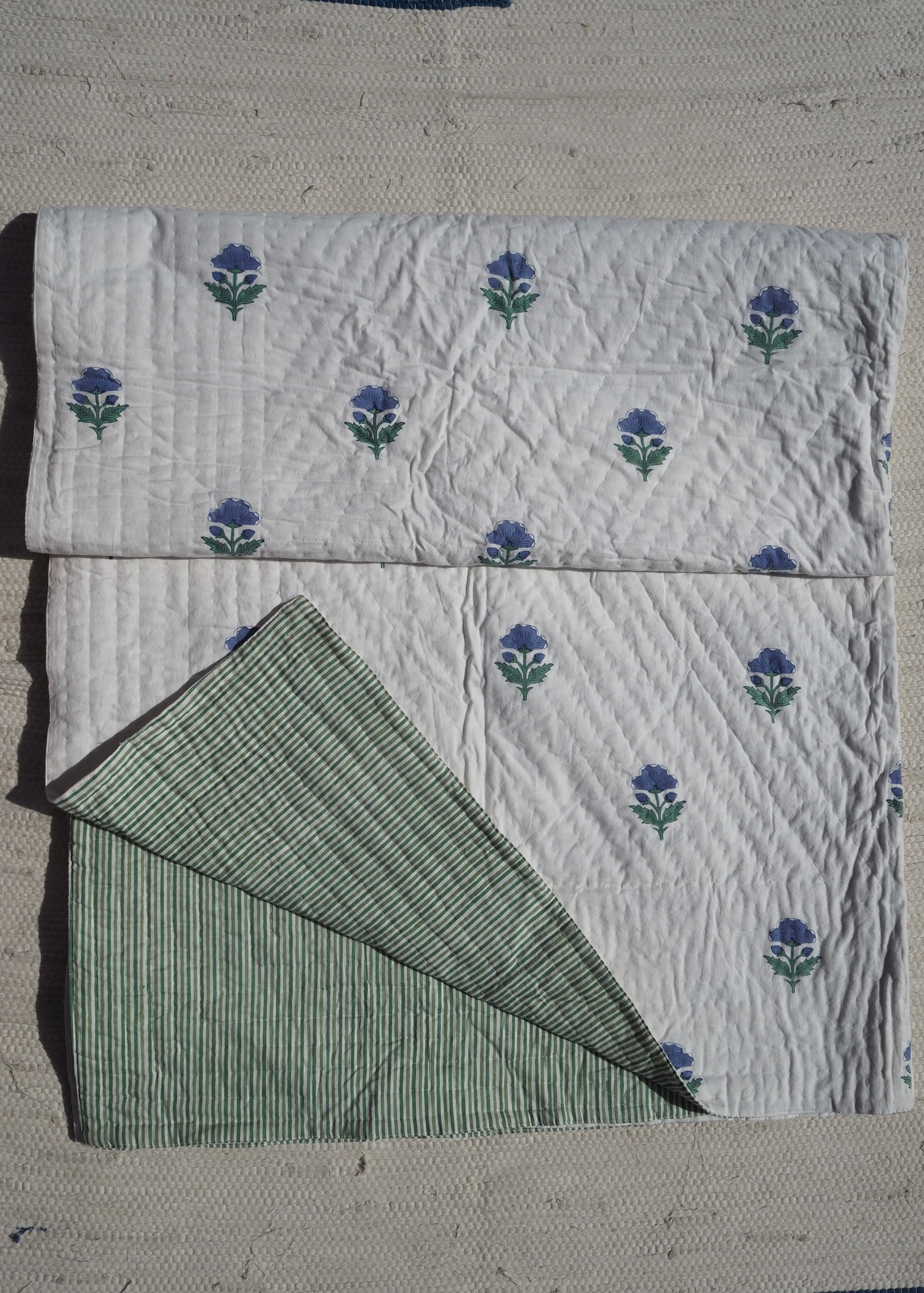 Blue Floral Summer Pique Bed Quilt