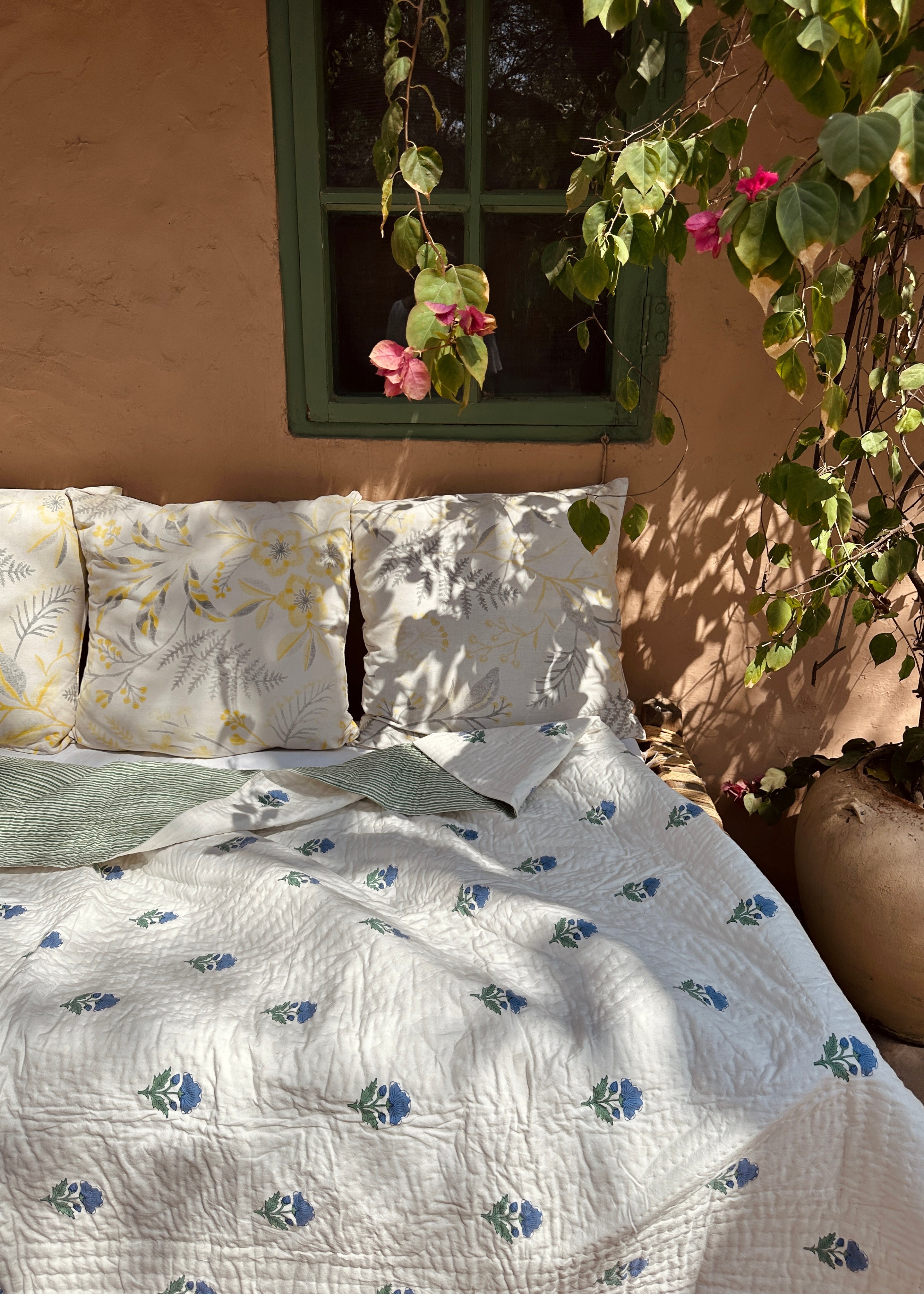 Blue Floral Summer Pique Bed Quilt