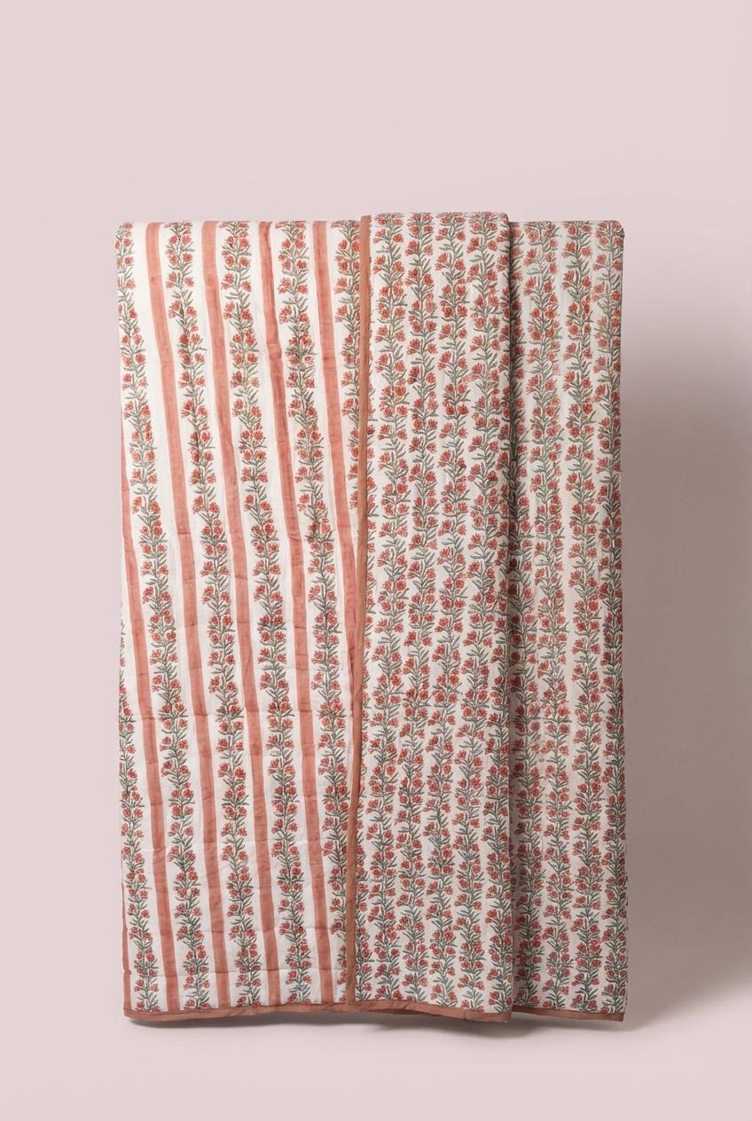 Terracotta Pink Floral Vine and Stripe Bed Quilt