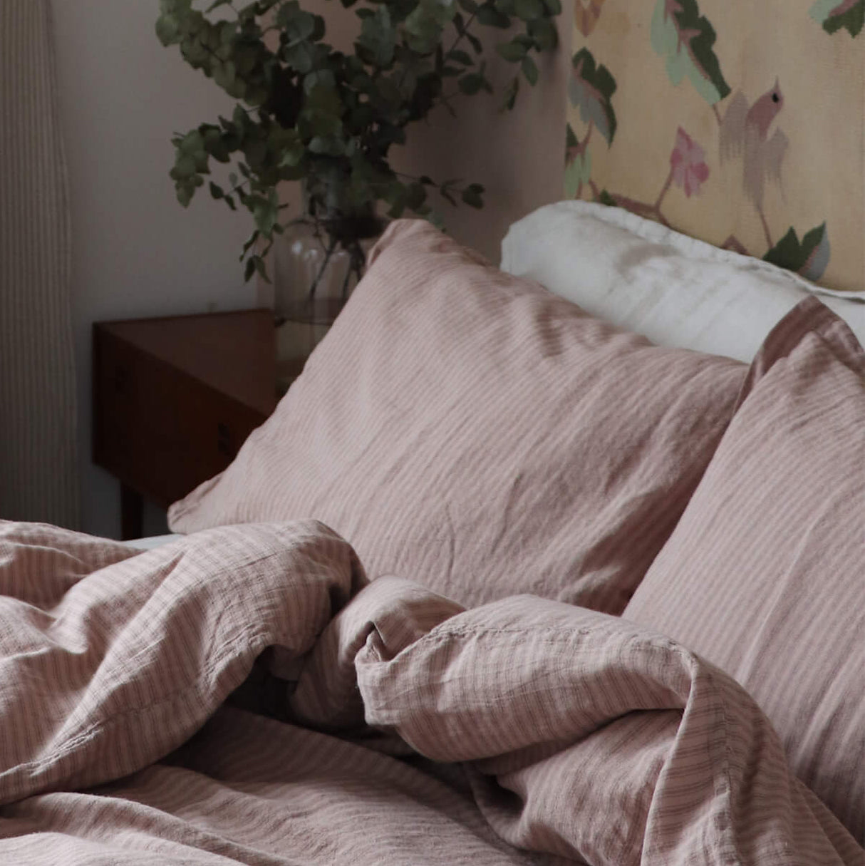 Washed Linen Cotton Ticking Stripe Pillowcase - Vintage Rose