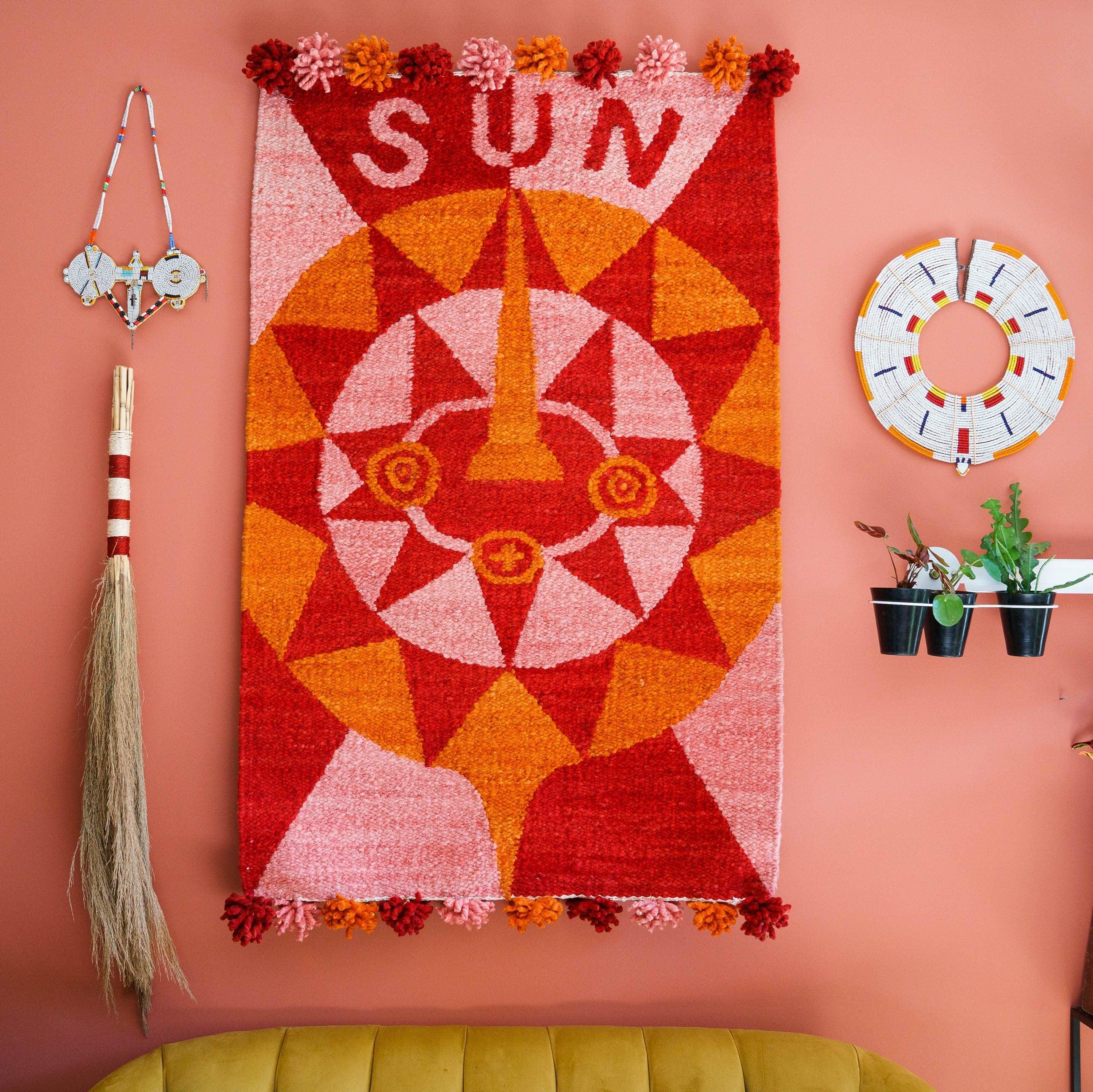Woven Kenyan Wall Hanging | Rug 'Bright Pink Sun Mask'