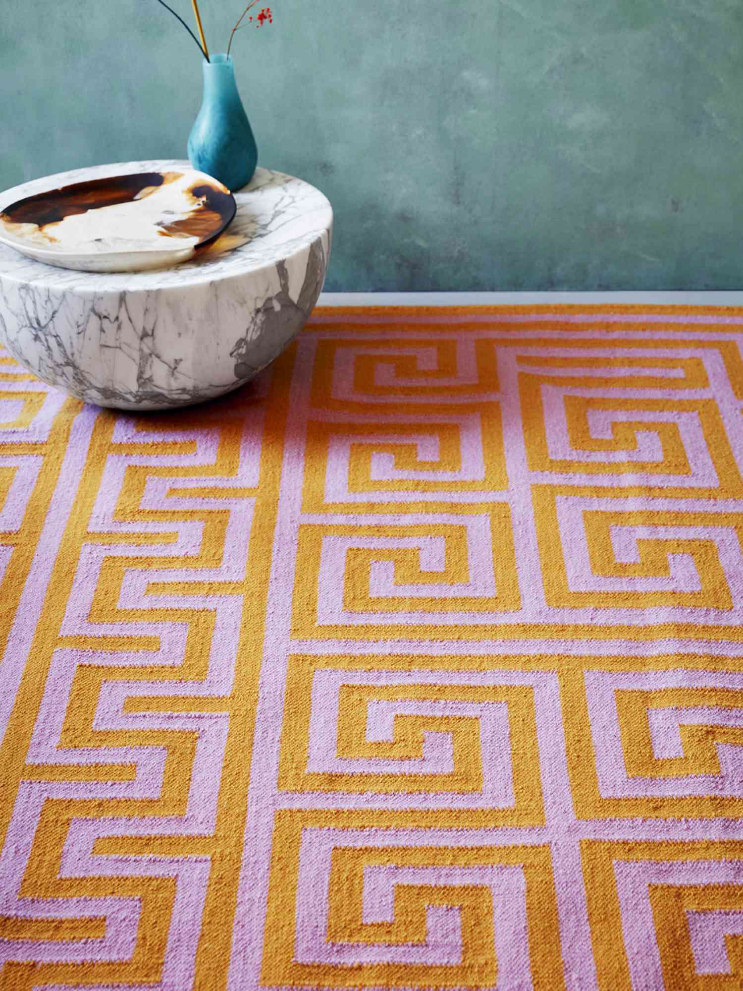 Meandros Mediterranean Motif Flatweave Wool Rug | Orange & Pink | Designed by Adam Furman