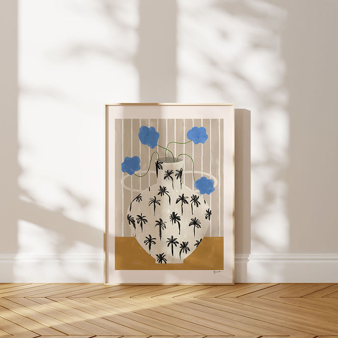Blue Flowers In Palm Tree Vase