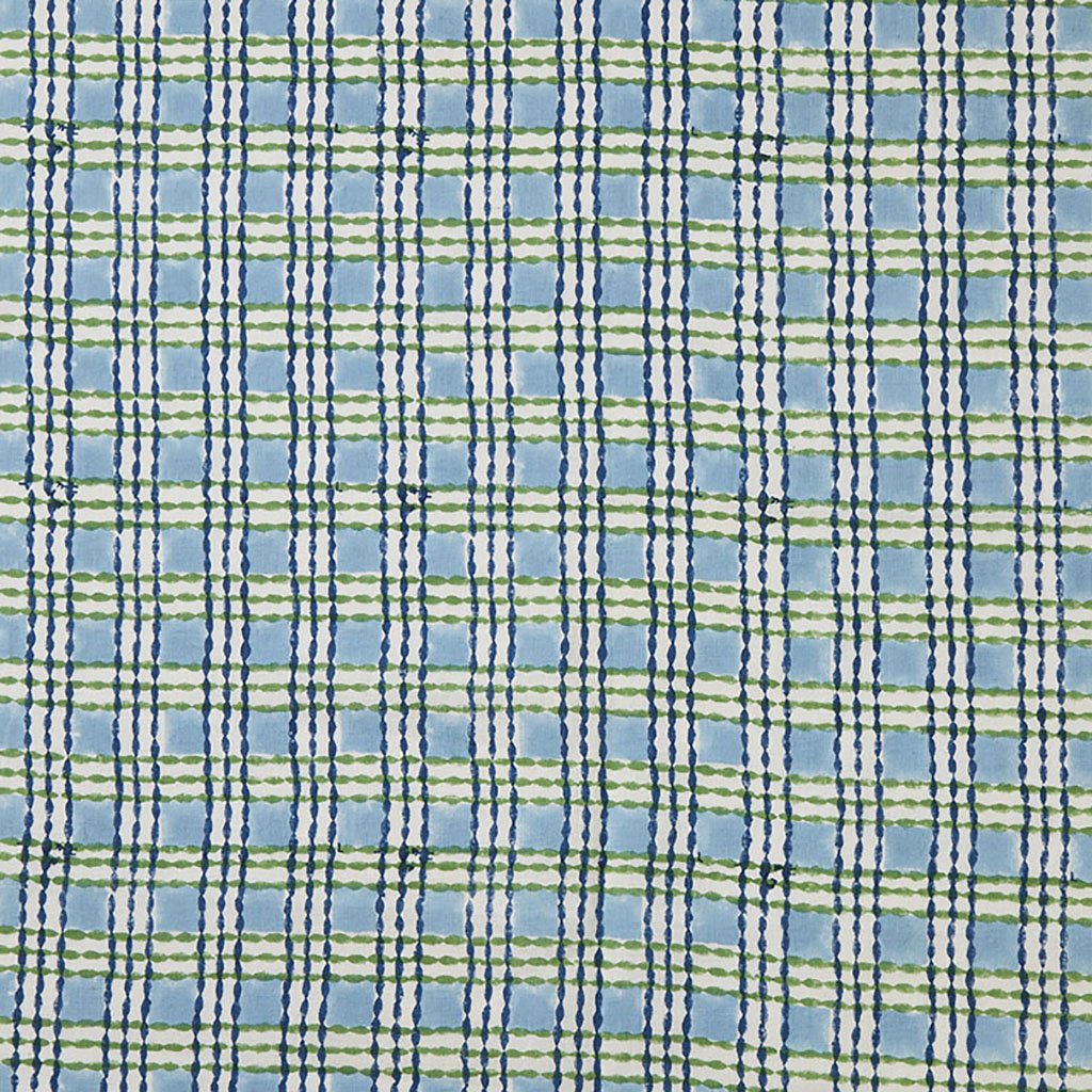 Trellis Block printed Fabric Linen/Cotton Grass/Sky