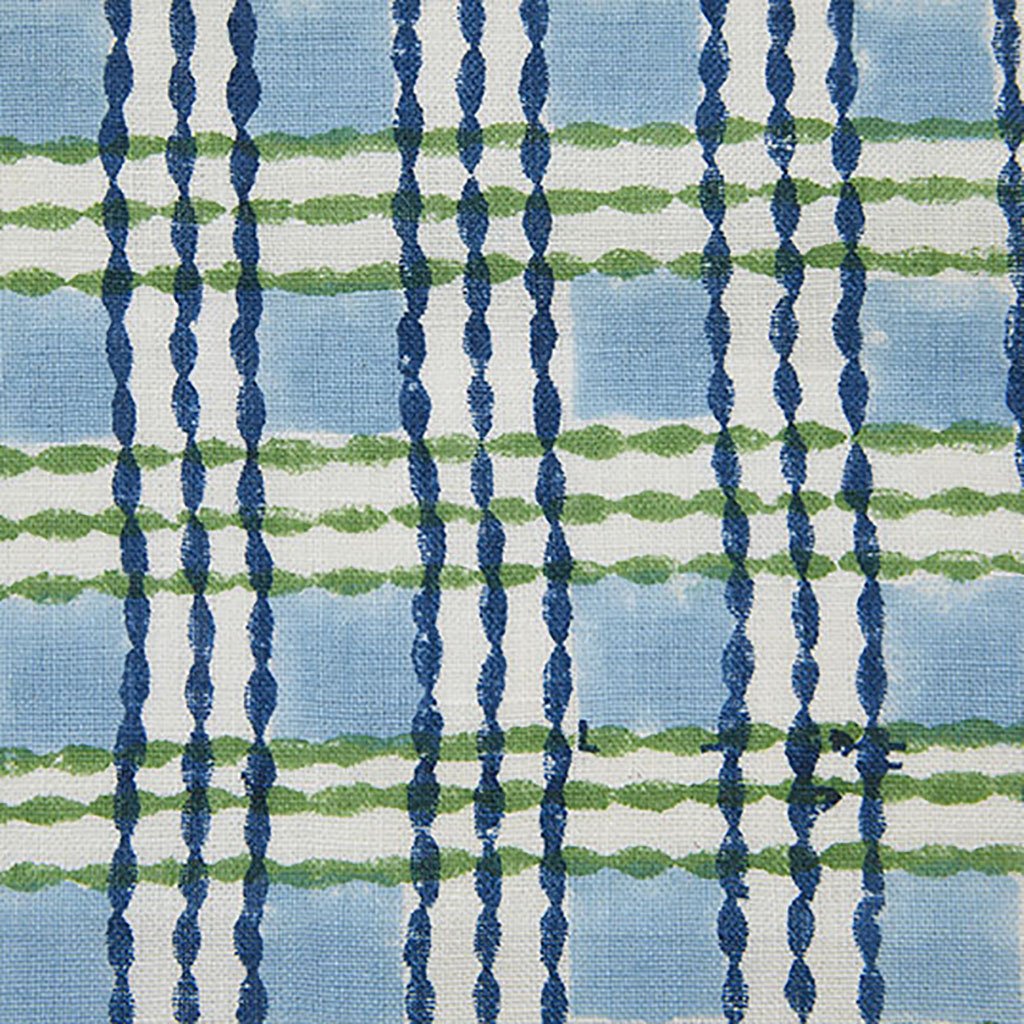 Trellis Block printed Fabric Linen/Cotton Grass/Sky