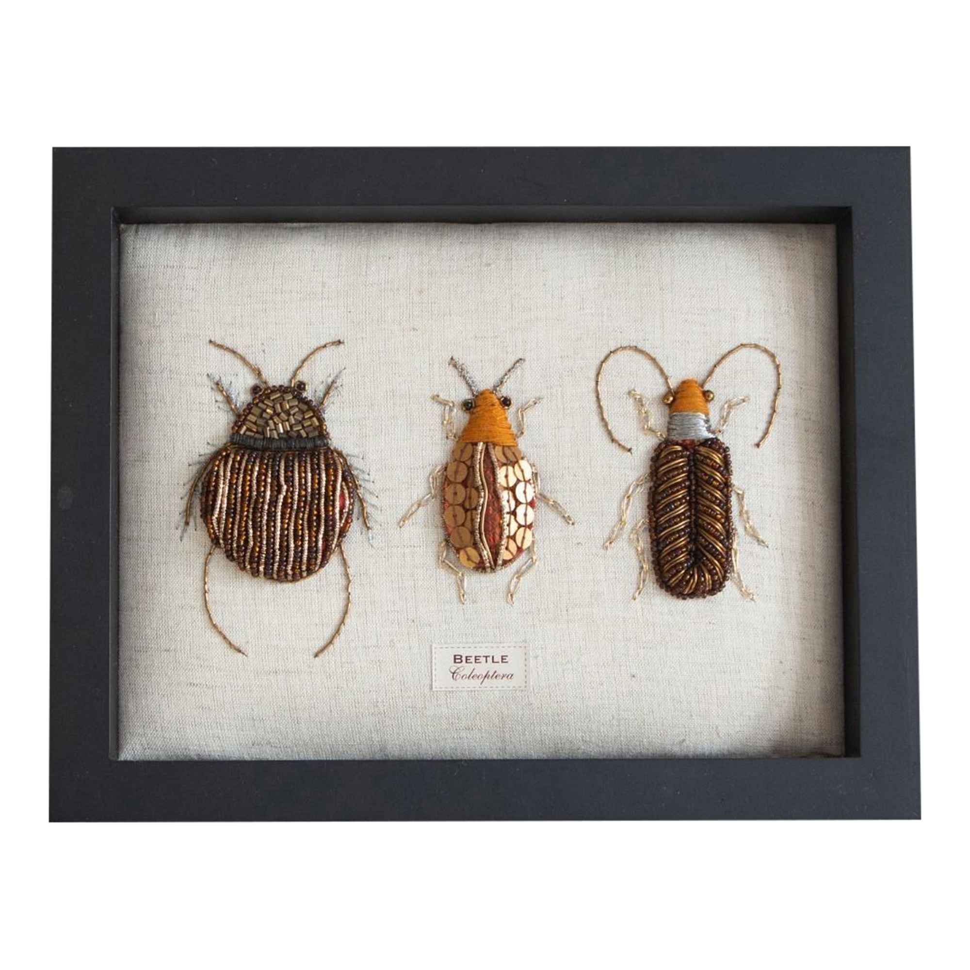 Wooden Framed Embroidered Insect - Beetle Trio