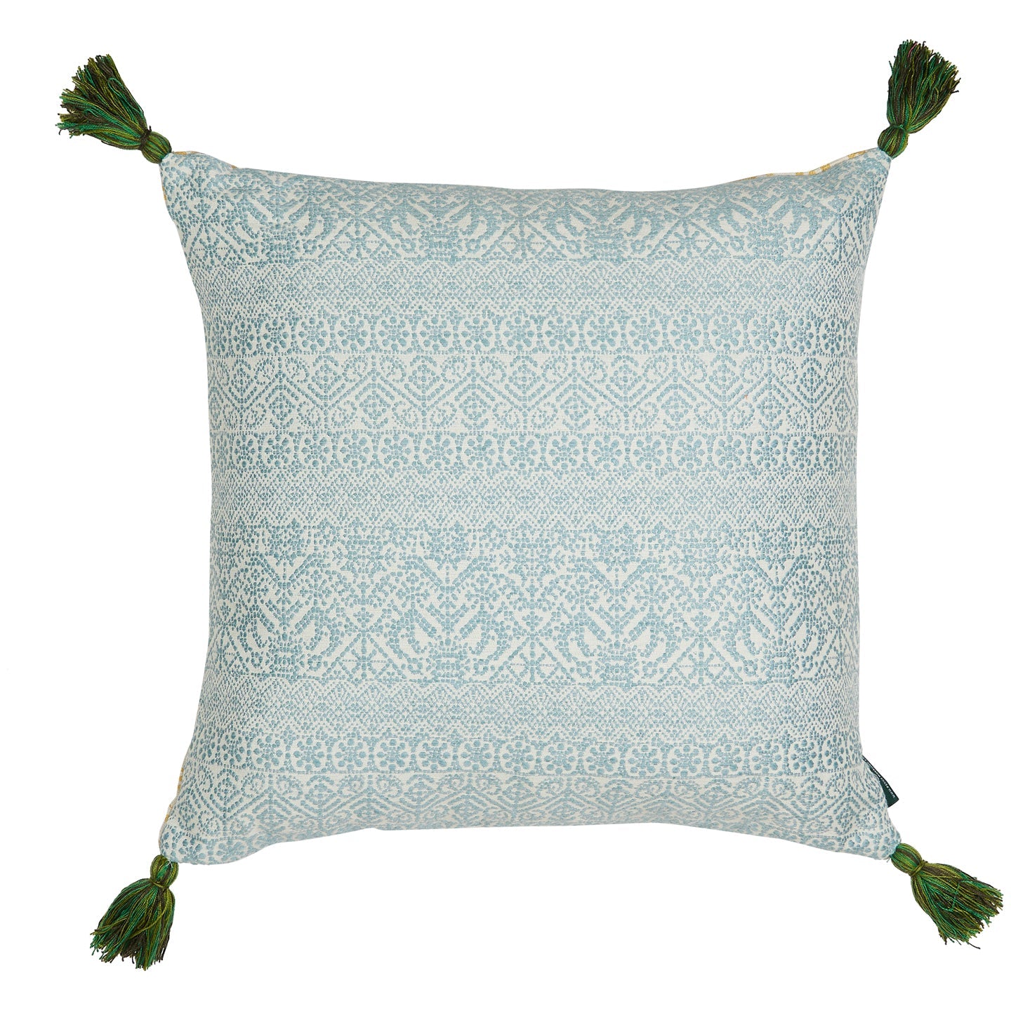 Buriam Light Blue and Ashok Yellow Cushion with Green Tassels