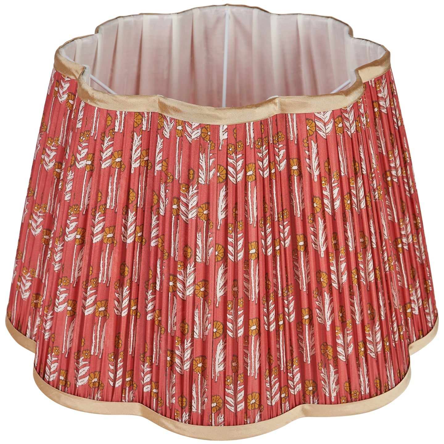 Cinnamon on Red Marigold Pleated Silk Scalloped Lampshade with Gold Trim