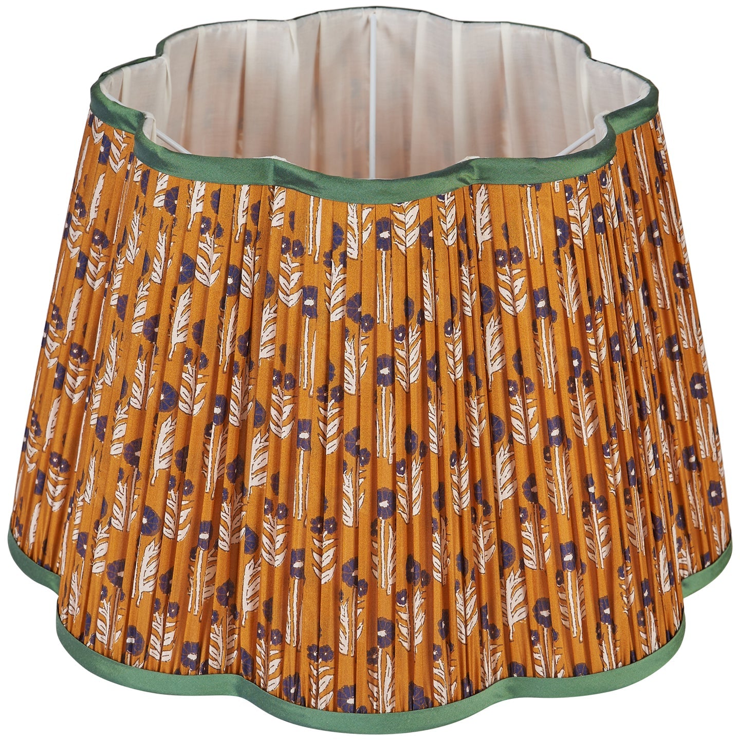 Blue on Cinnamon Marigold Pleated Silk Scalloped Lampshade with Green Trim