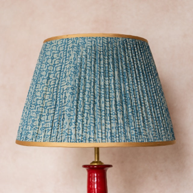 Blue and White Tribal Pleated Silk Lampshade with Gold Trim