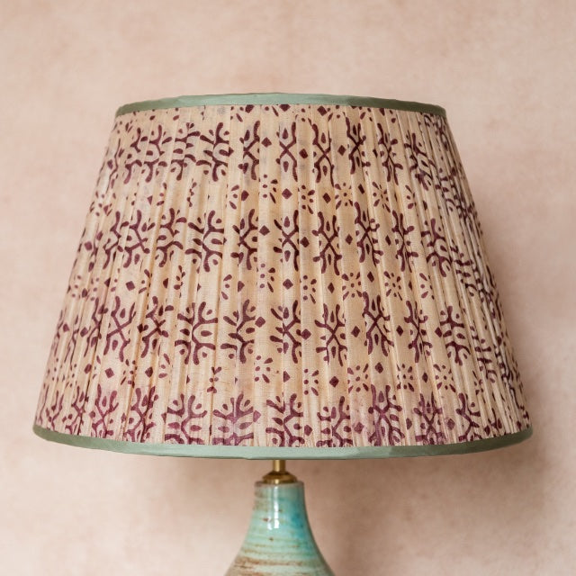 Cream and Plum Patterned Pleated Silk Lampshade with Mint Trim