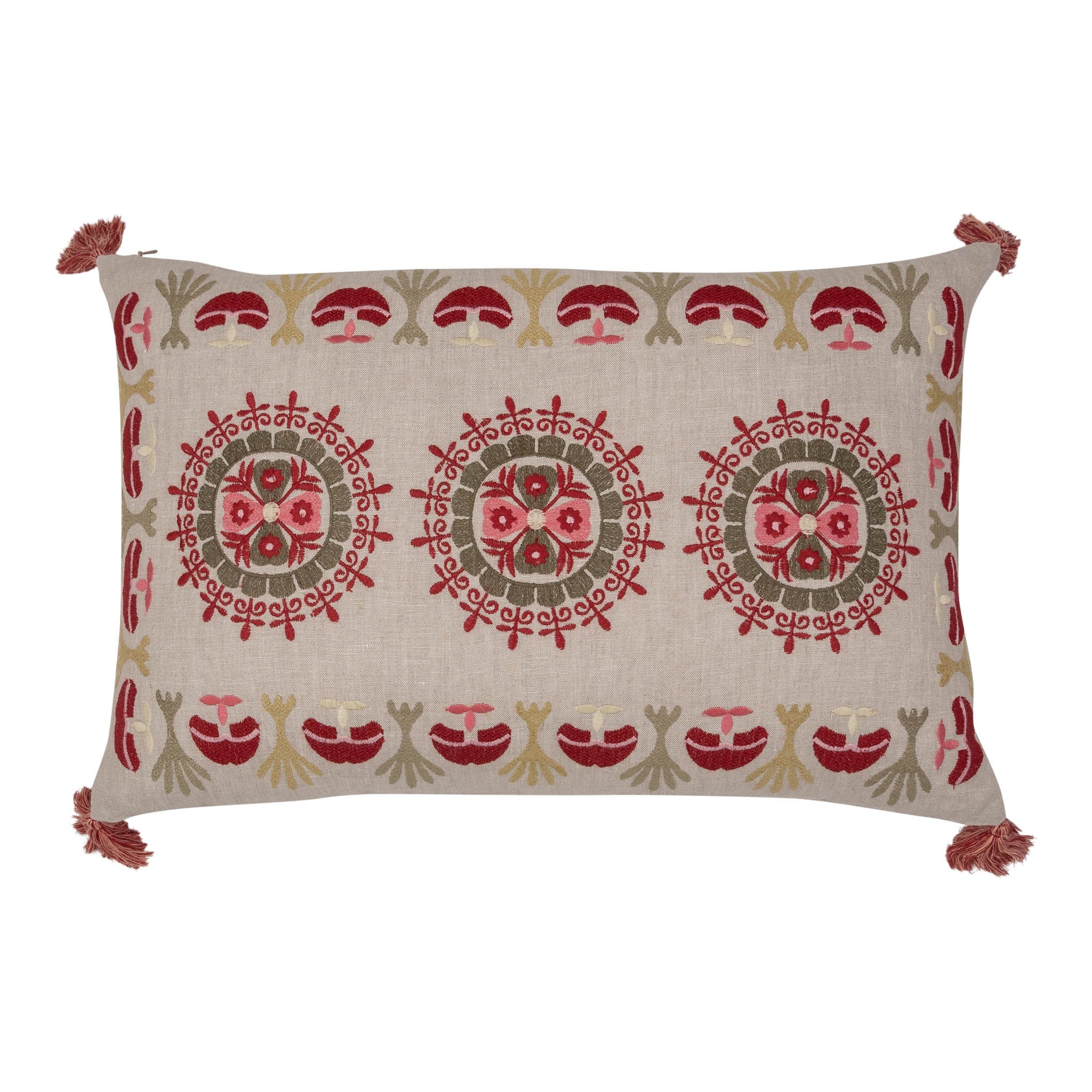 Pink and Green Folk Embroidered Cushion with Red Tassels