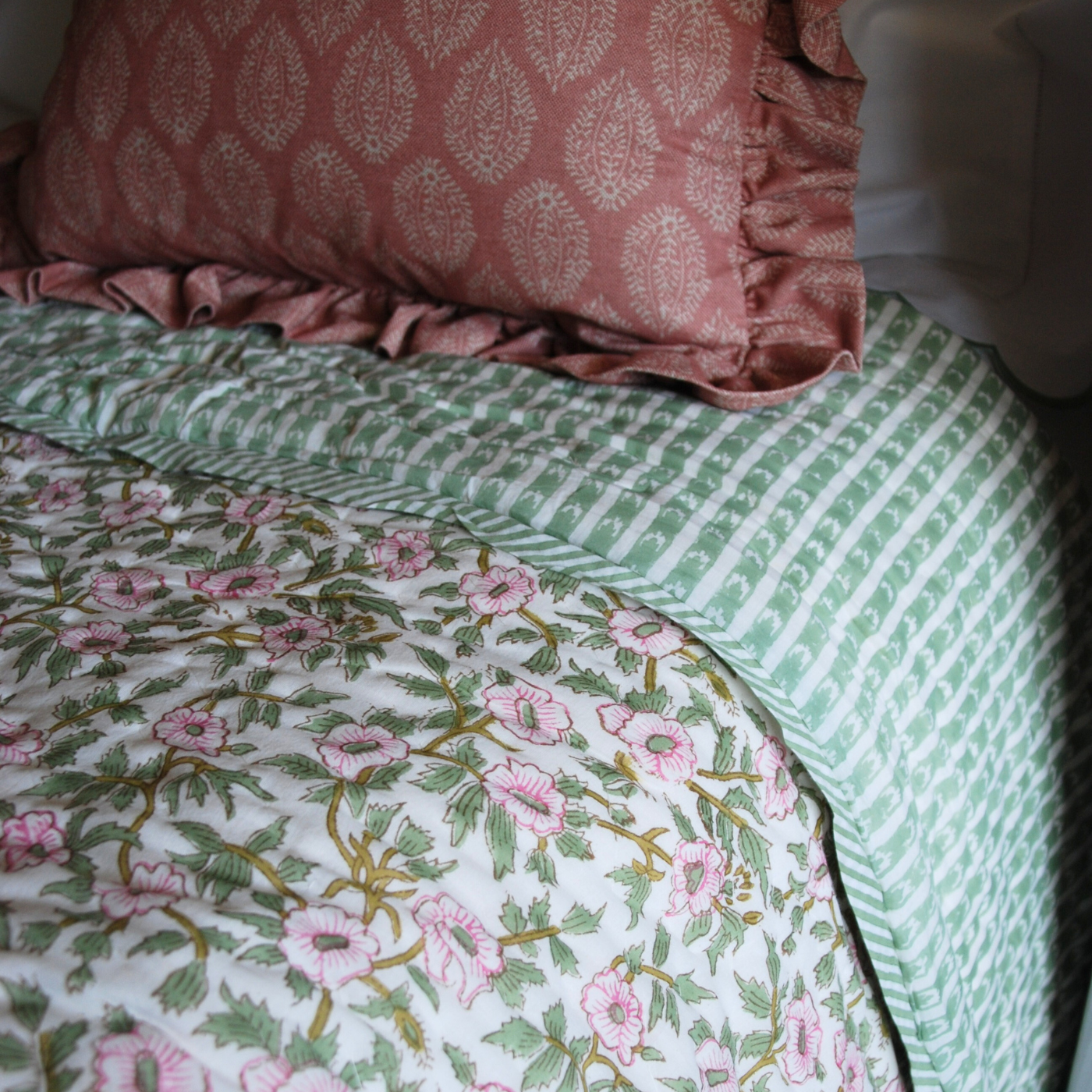Green and Pink Floral Quilt