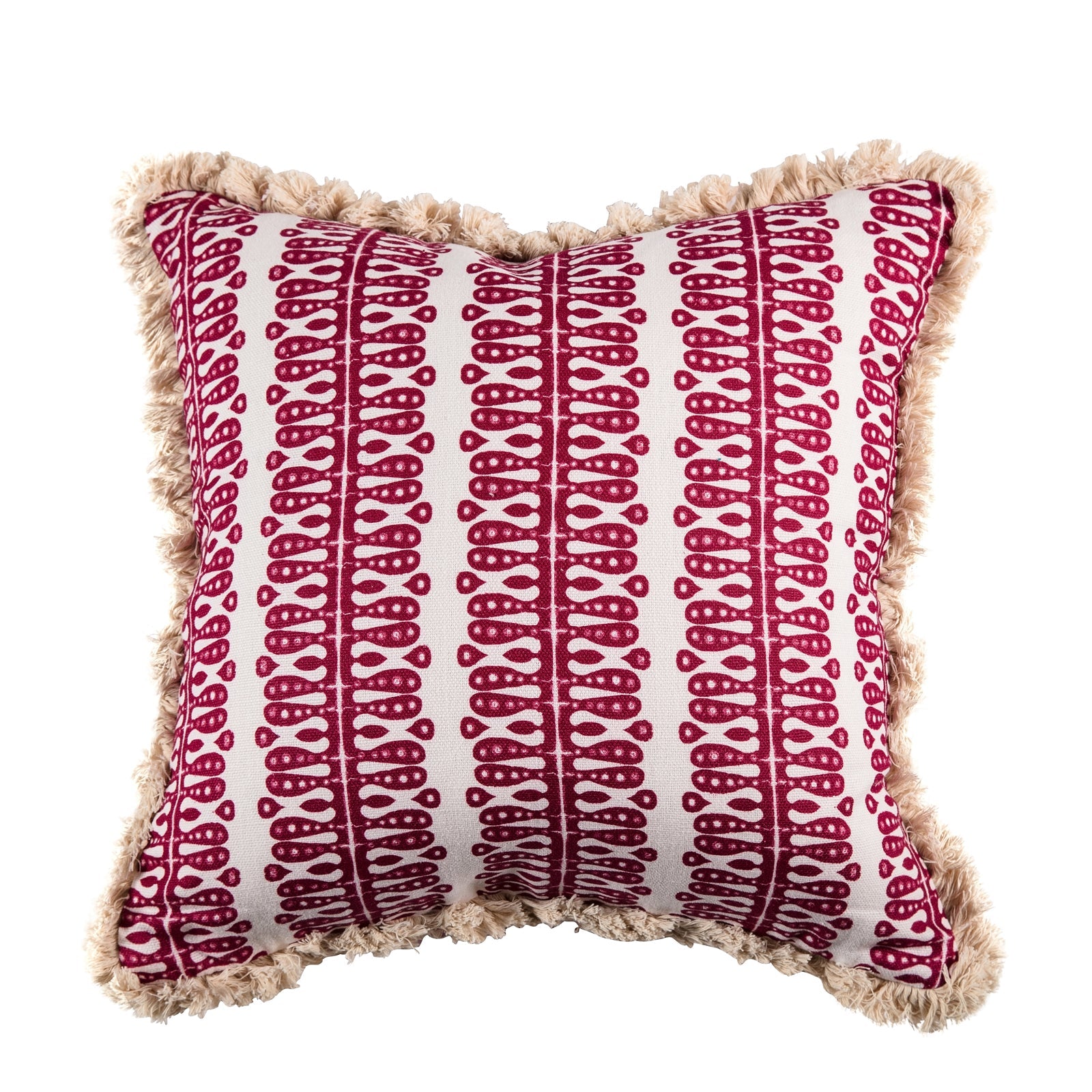 Heart and Minds Cushion in Raspberry with Raspberry velvet back and cream fringe