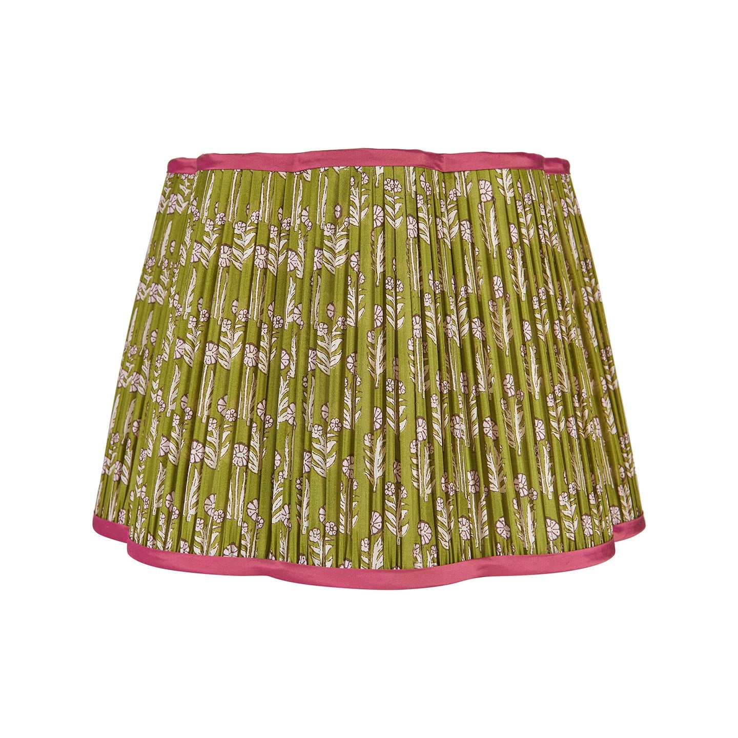 Pink on Green Marigold Pleated Silk Scalloped Lampshade with Pink Trim