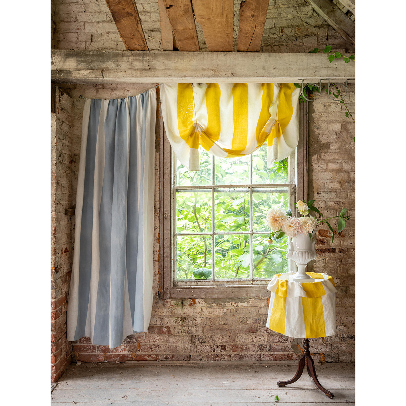 Wide Stripe Block printed Fabric Linen Blue