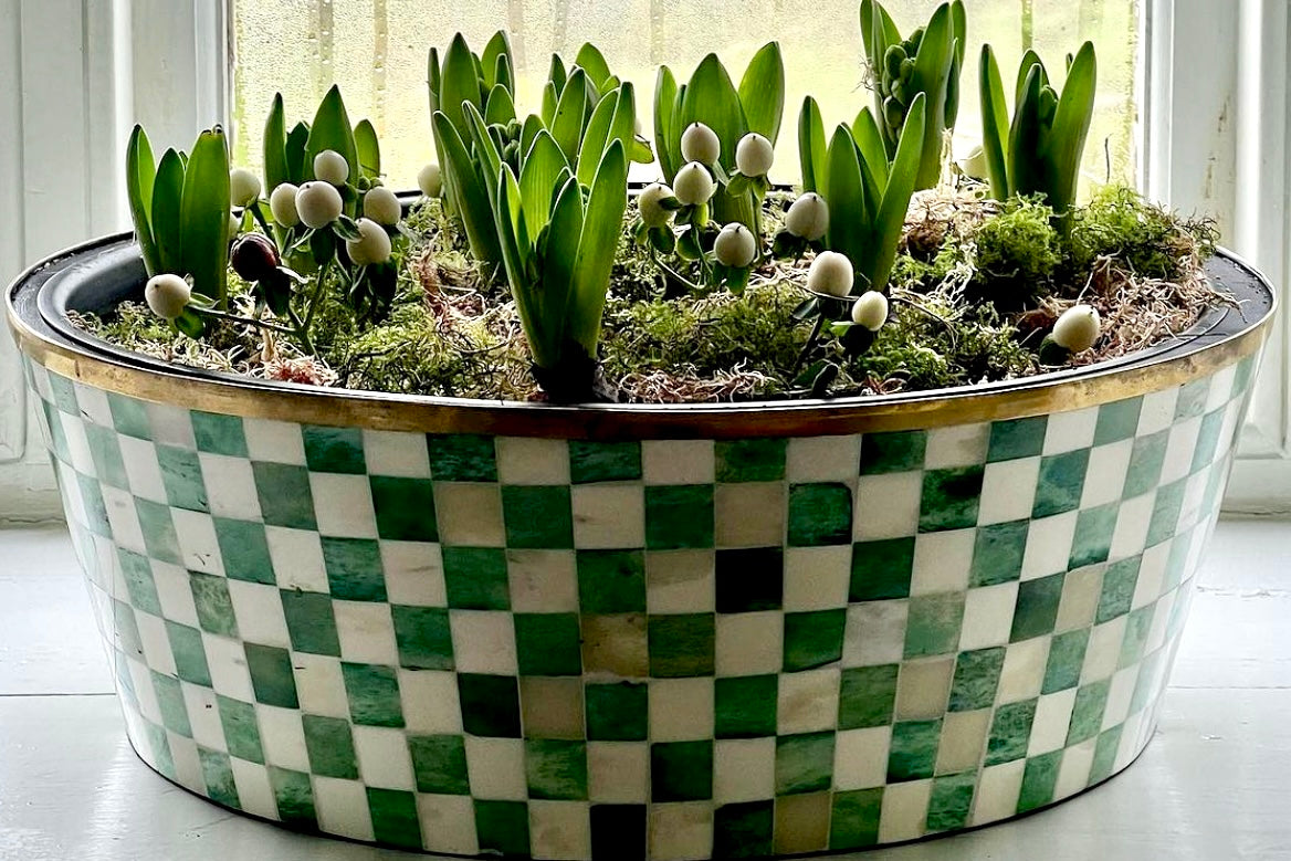 Round Inlay Planter | Large | Green | Chequered