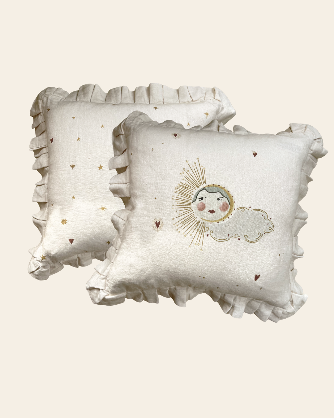 Linen ruffled cushion cover Love Sun