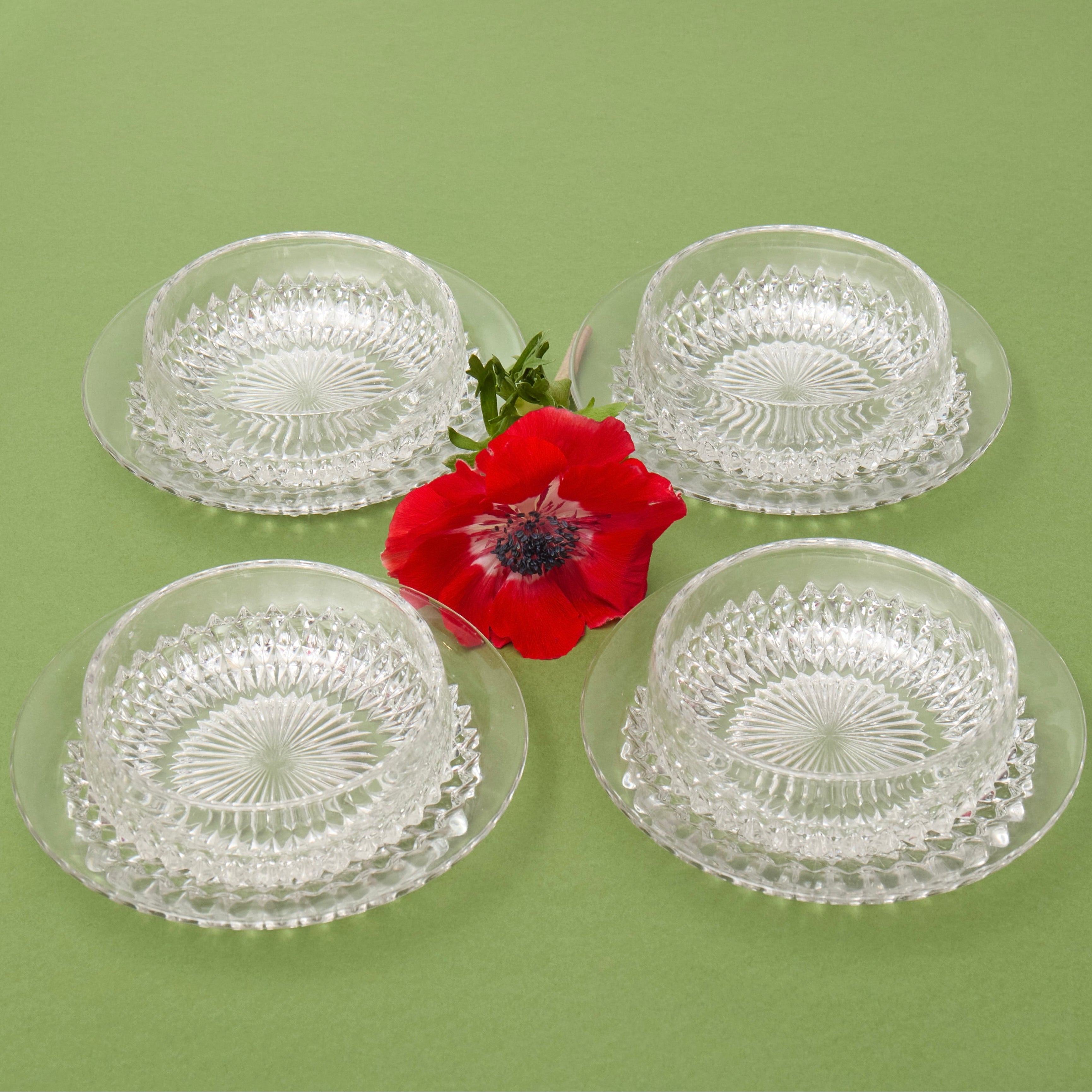 Set of 10 small cut glass dishes, with separate plates