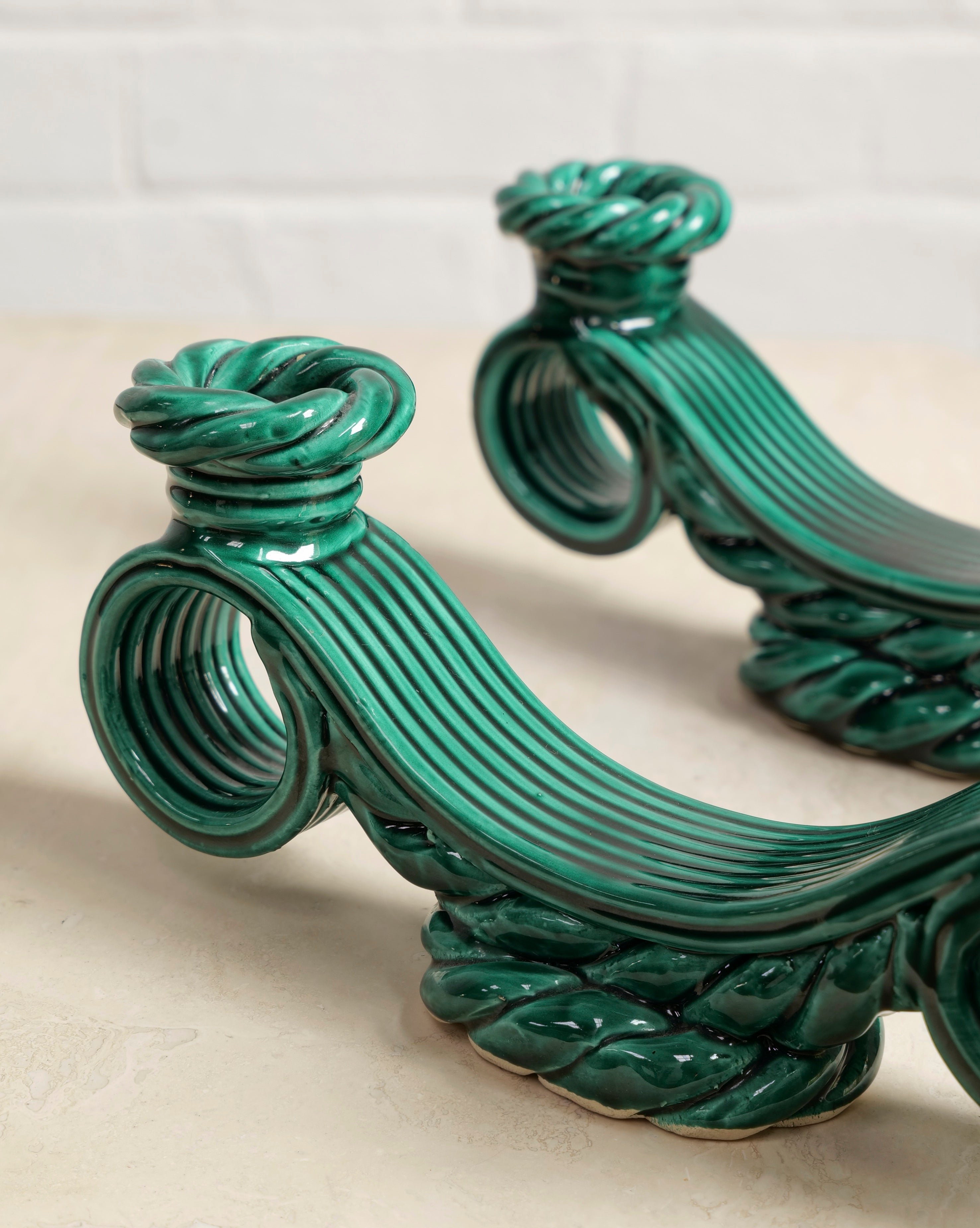 A Pair of Vallauris Ceramic Candlesticks In Jade Green