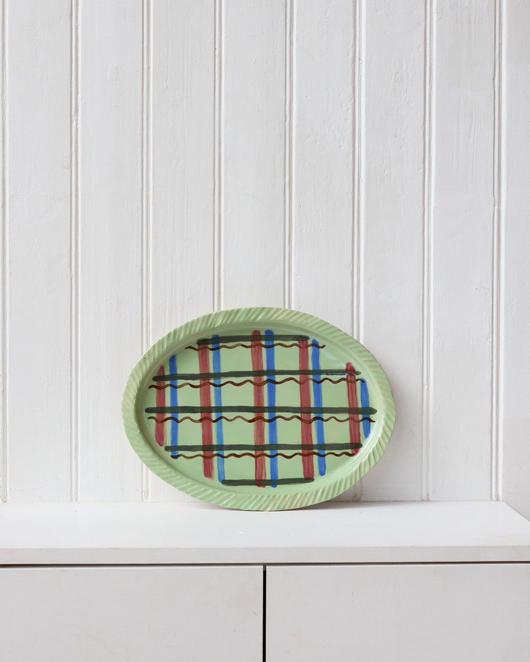 Pottery platter, tartan (pistachio ground)