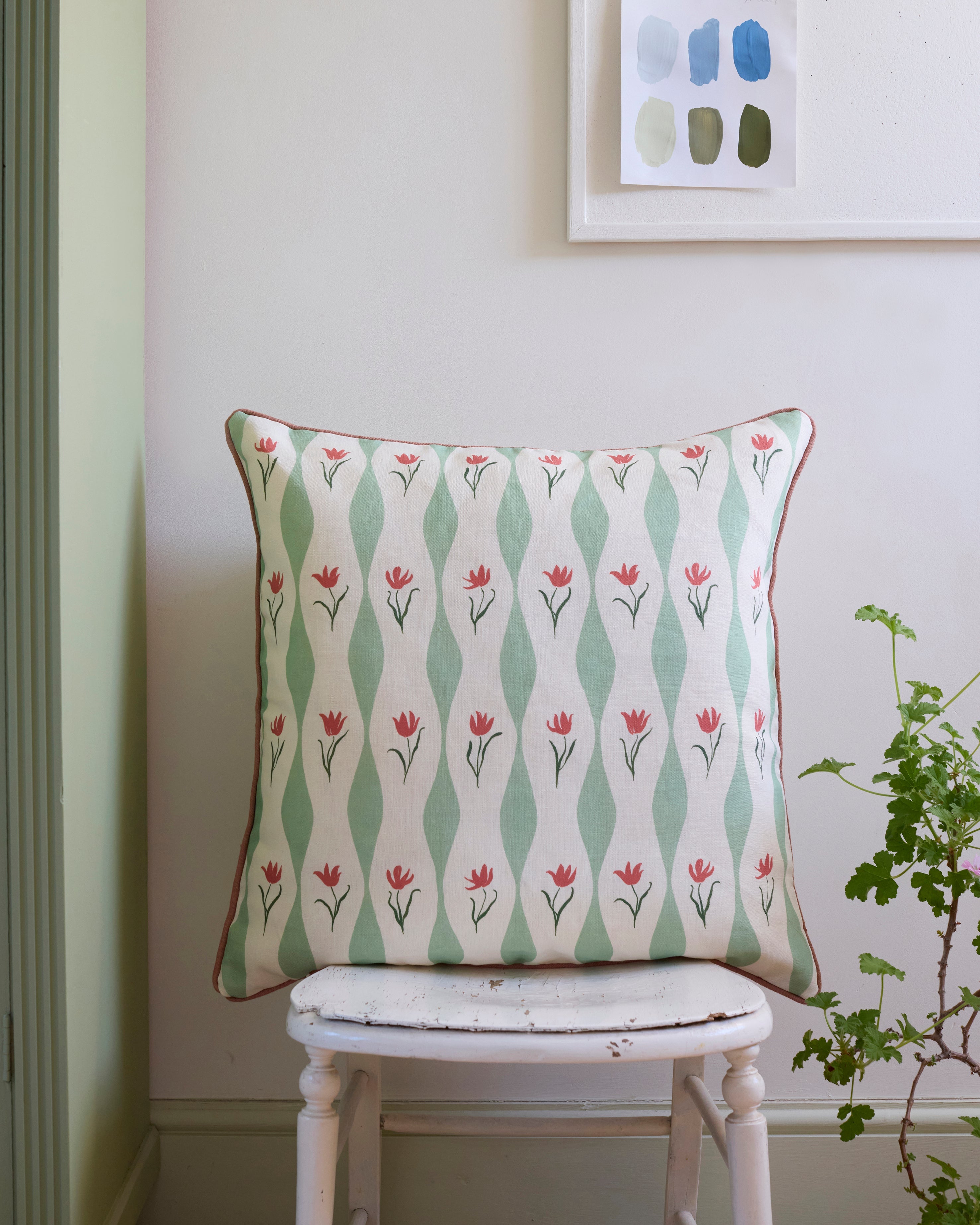 Tulip Wave (pistachio) linen cushion, piped | 55cm