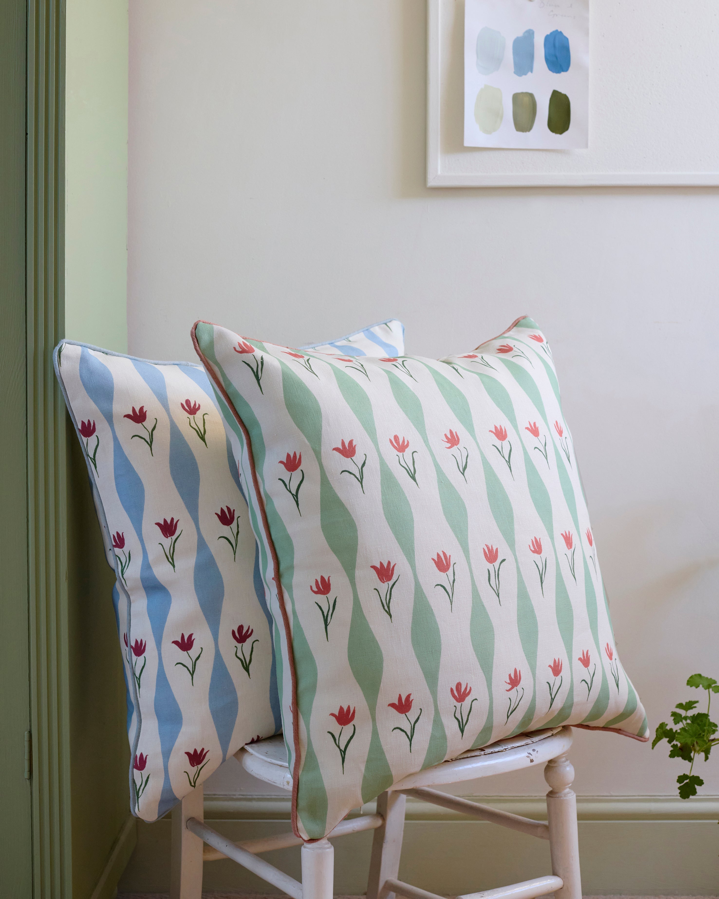 Tulip Wave (pistachio) linen cushion, piped | 55cm