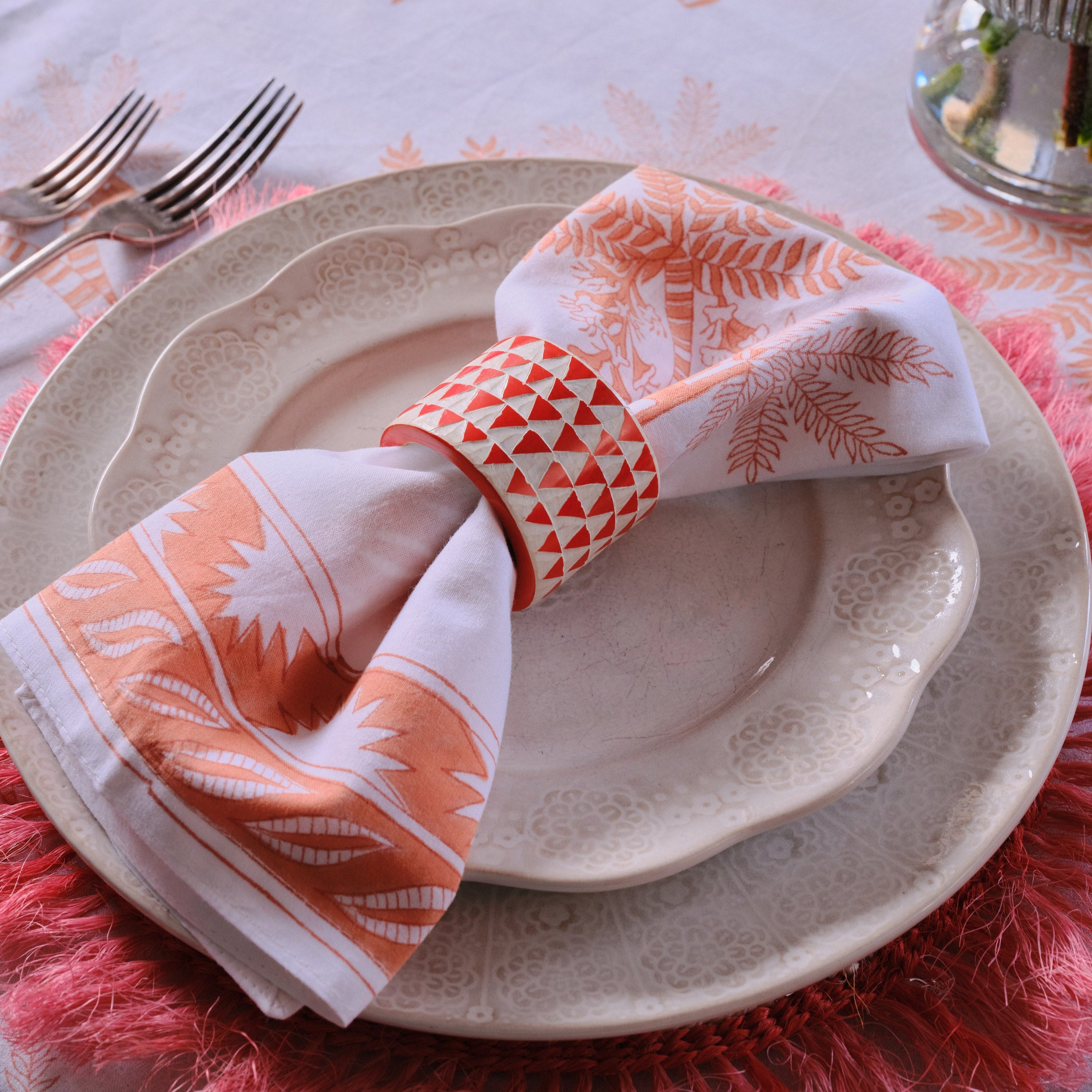 Hand Carved Soapstone Napkin Ring 'Orange Triangles'