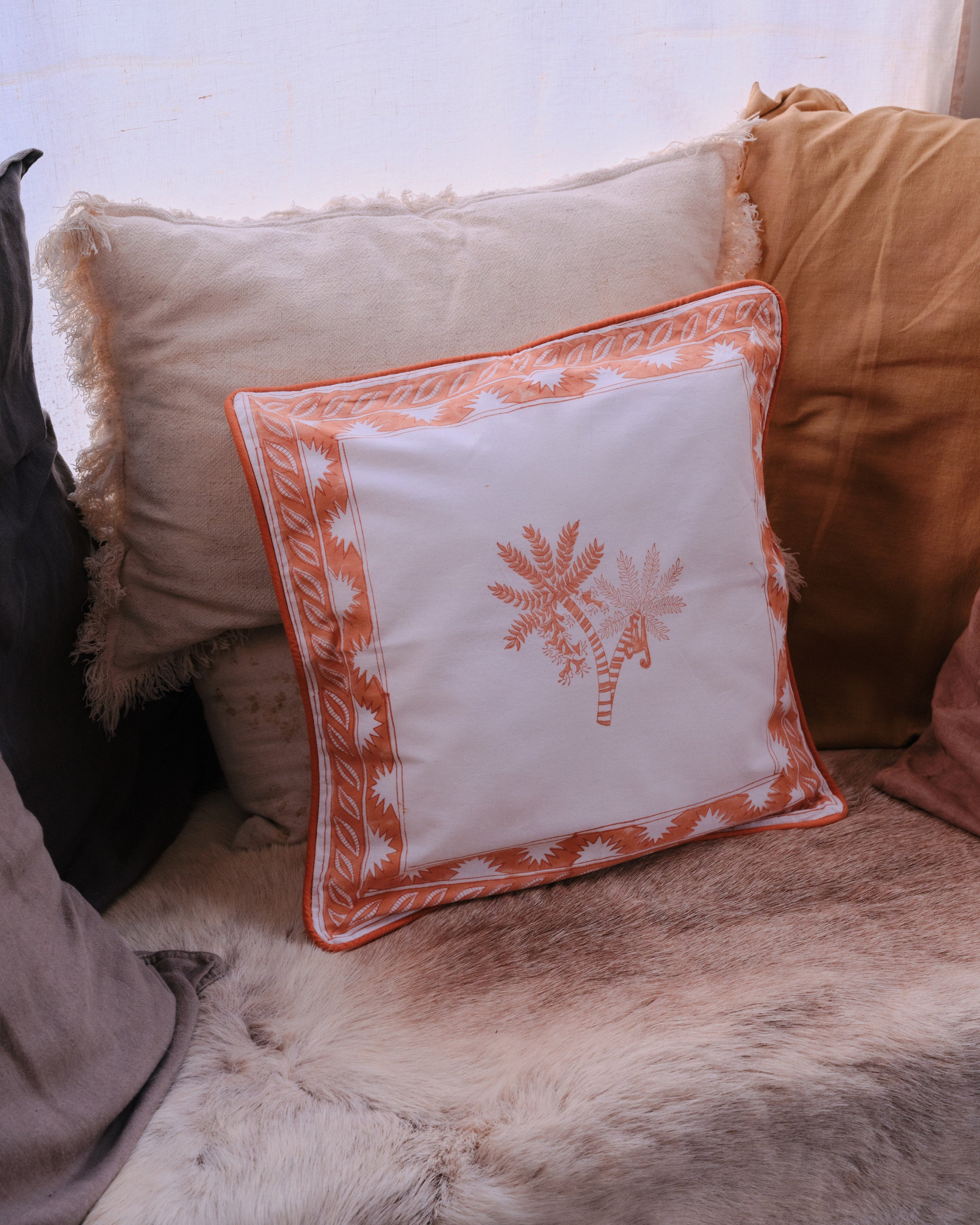 Monkey & Palm Tree Organic Cotton Piped Cushion Cover