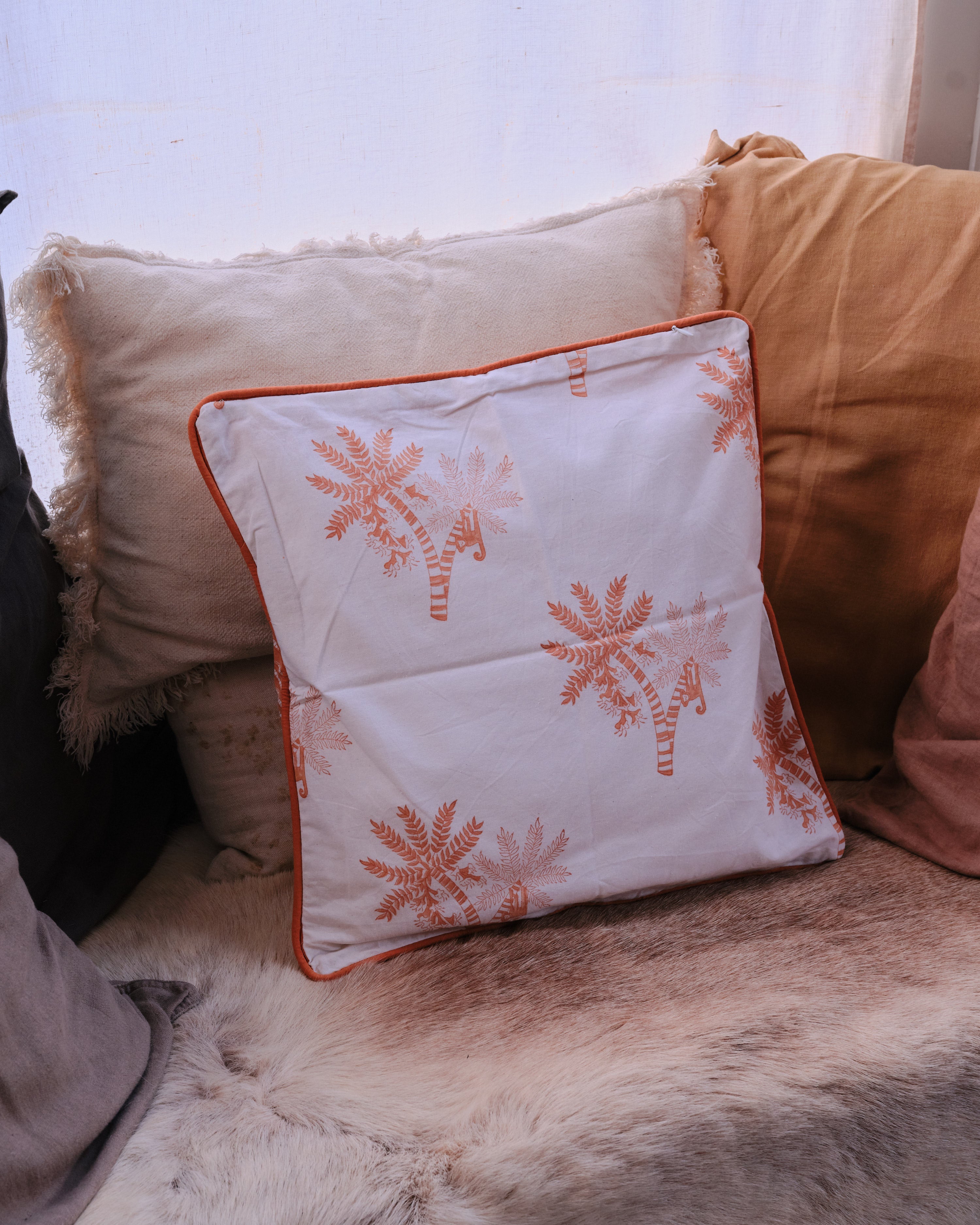 Monkey & Palm Tree Organic Cotton Piped Cushion Cover