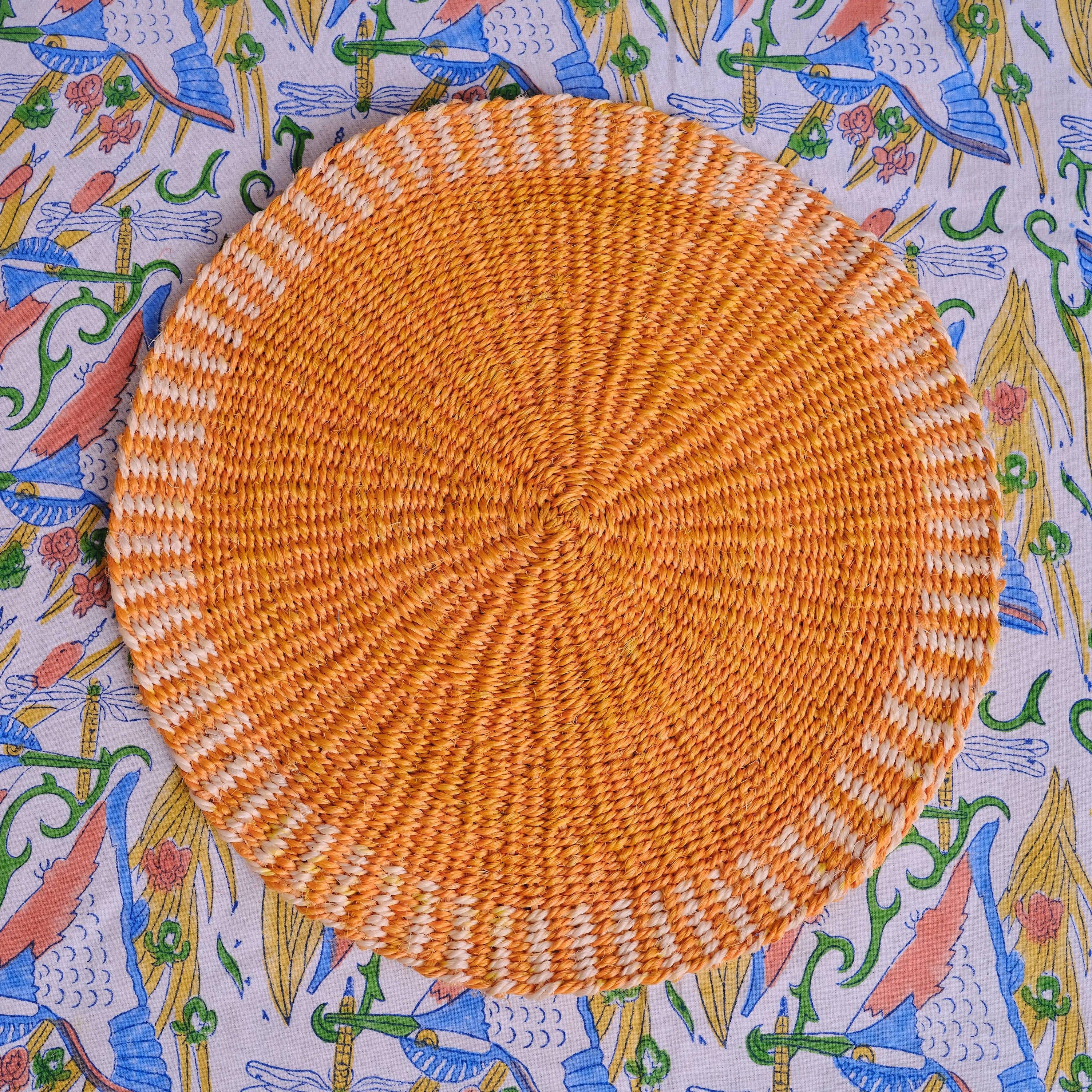 Handwoven Sisal Circle Table mat/Placemat 'Ochre Striped Edge'