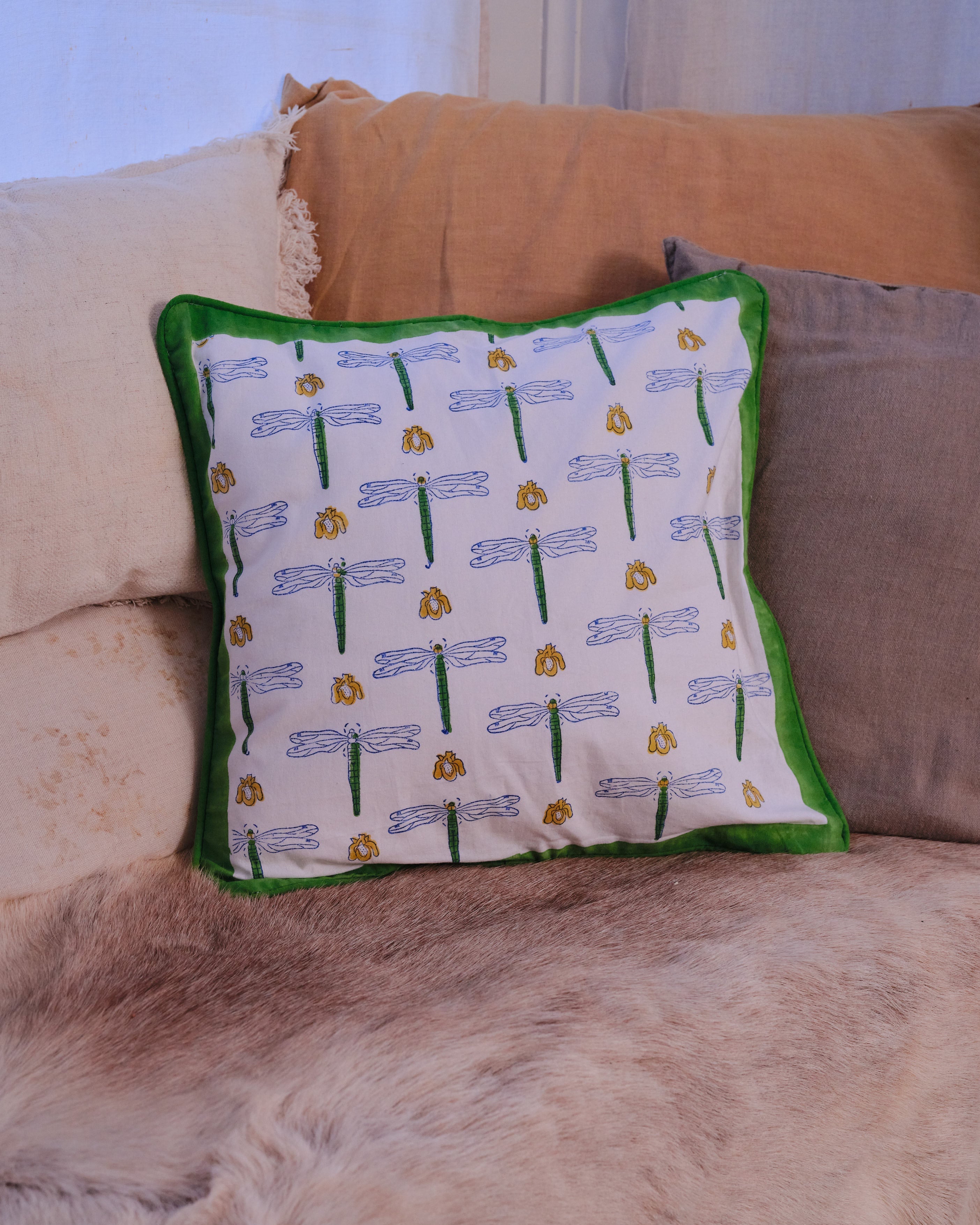 Dragonfly Organic Cotton Piped Cushion Cover