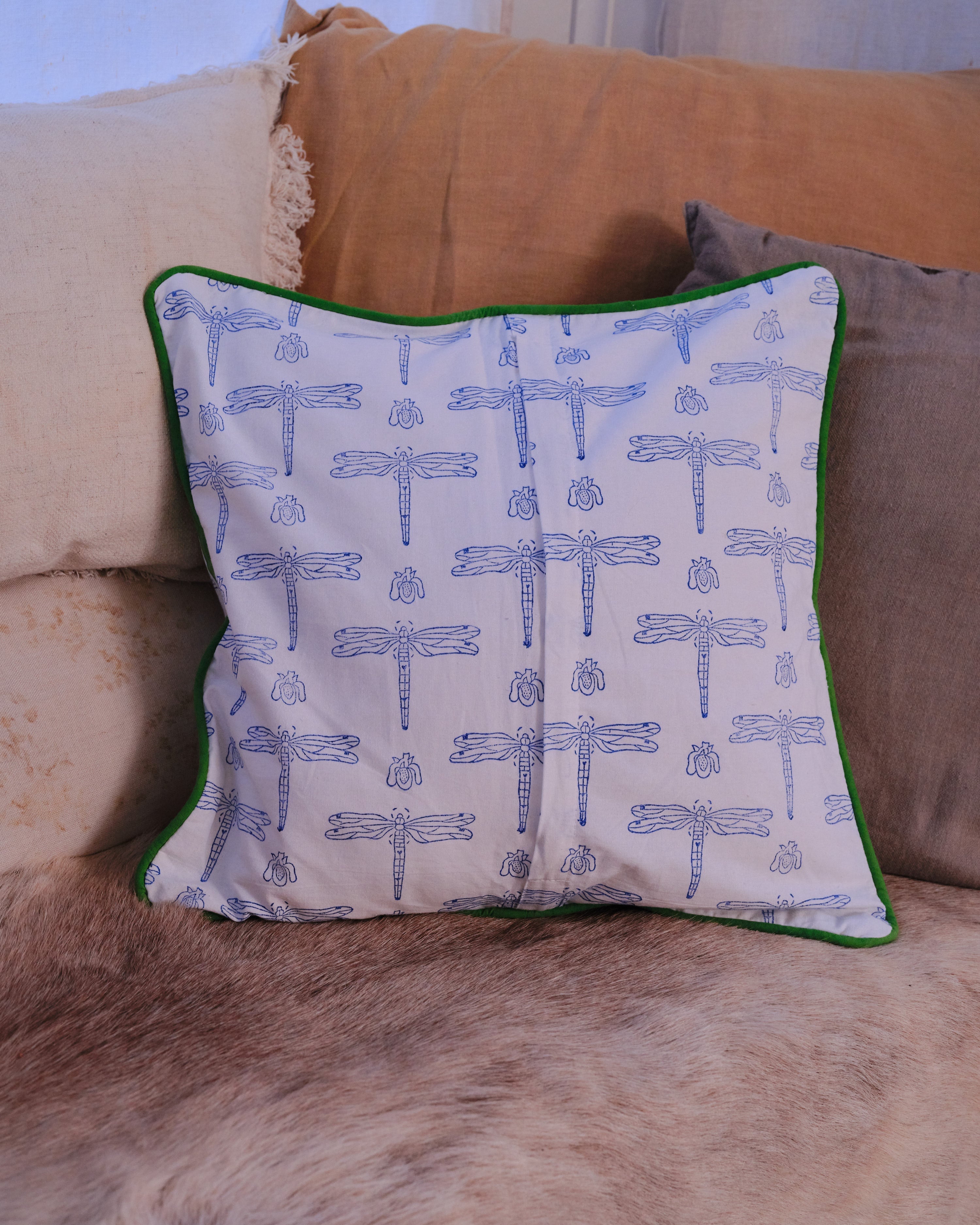 Dragonfly Organic Cotton Piped Cushion Cover