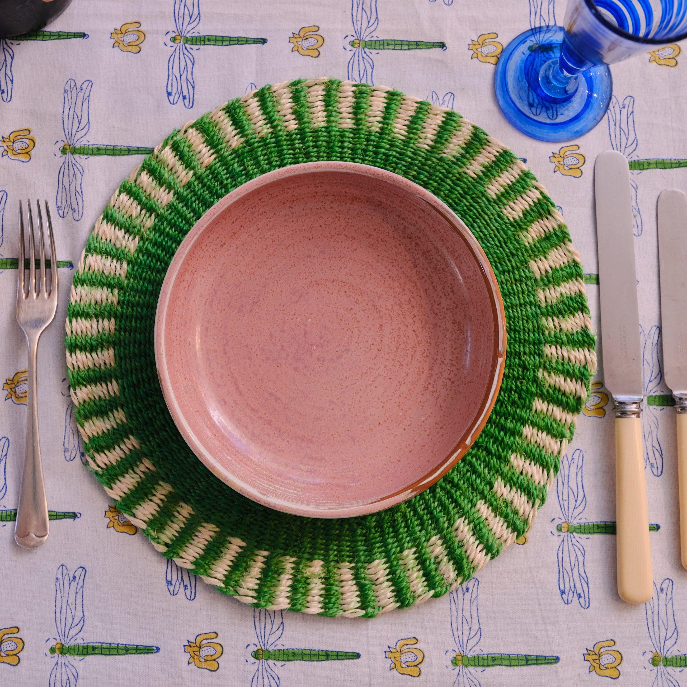 Handwoven Sisal Circle Table mat/Placemat 'Green Striped Edge'